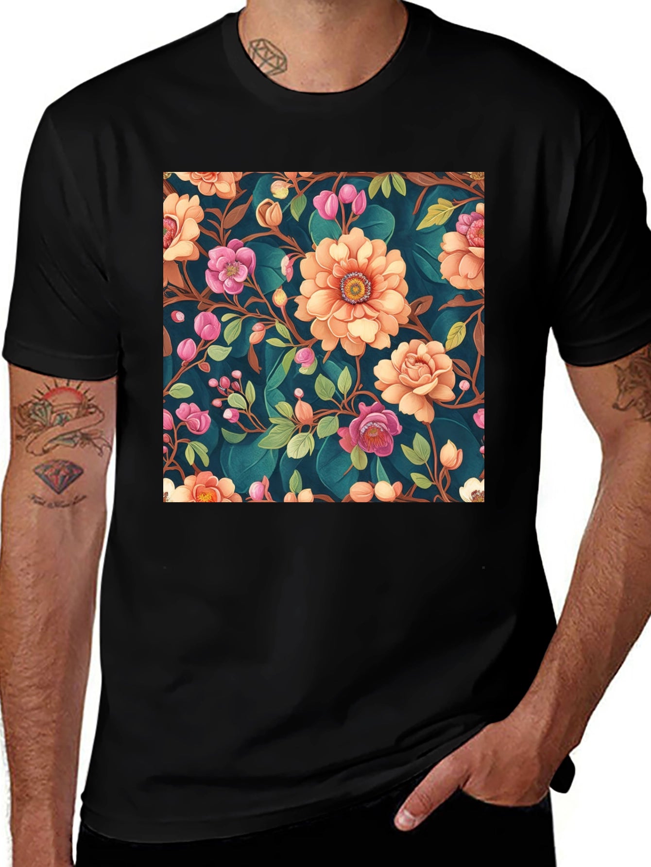 Floral Pattern Black T-Shirt: Stylish Print Tee