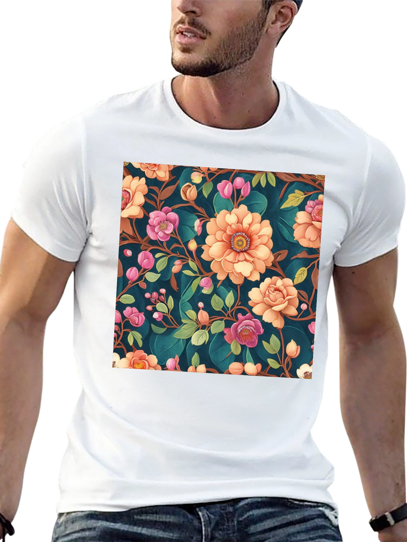 Floral Pattern Black T-Shirt: Stylish Print Tee