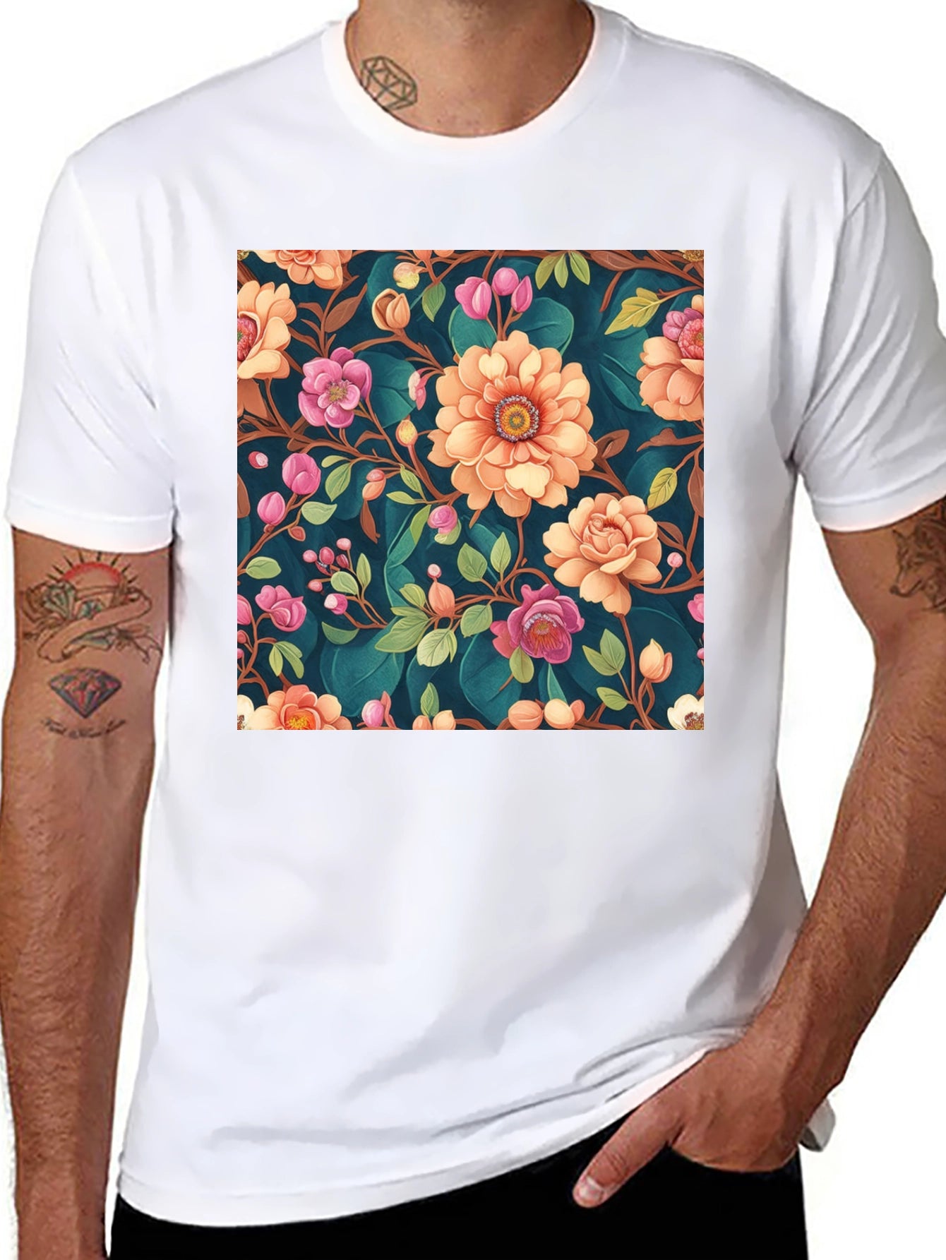 Floral Pattern Black T-Shirt: Stylish Print Tee