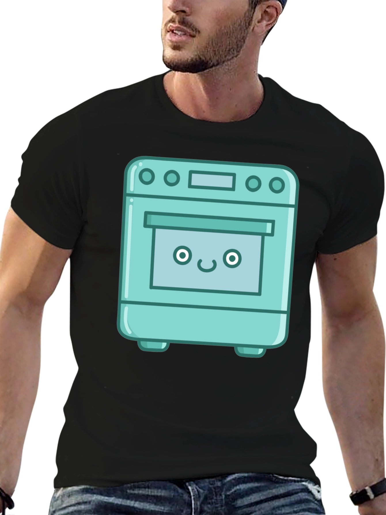 Cute Oven Cartoon Graphic T-Shirt - Black
