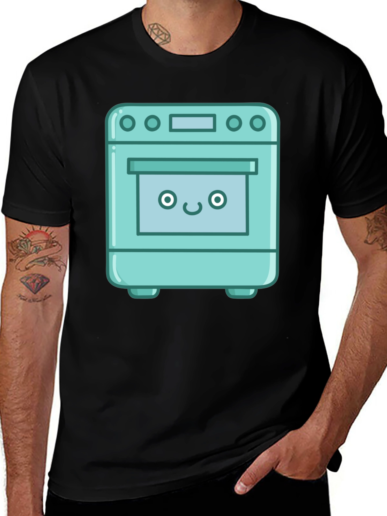 Cute Oven Cartoon Graphic T-Shirt - Black