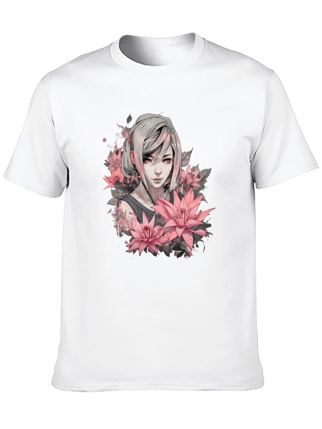 Floral Anime Girl Graphic Black T-Shirt