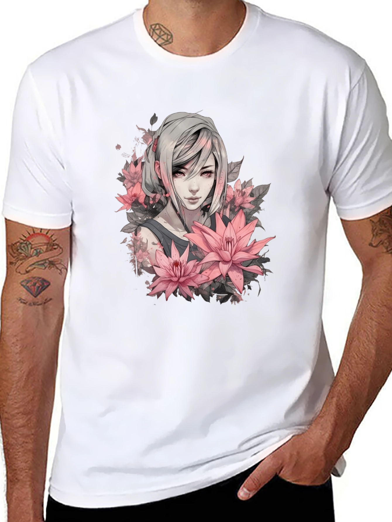 Floral Anime Girl Graphic Black T-Shirt