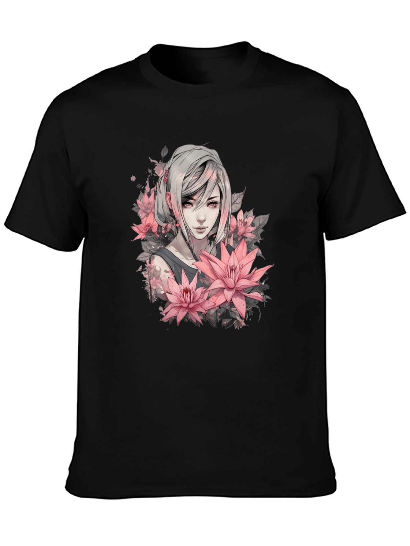 Floral Anime Girl Graphic Black T-Shirt
