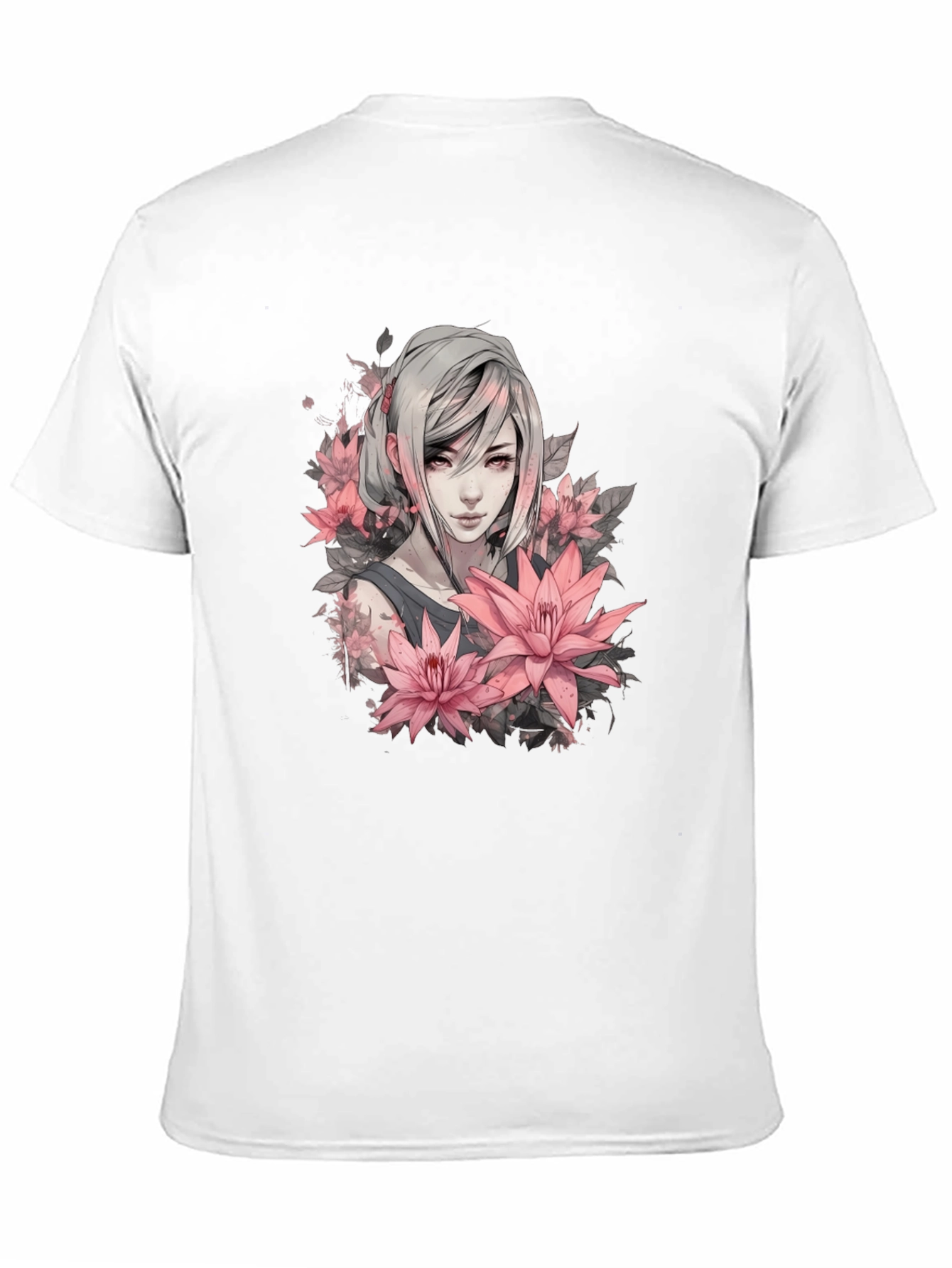 Floral Anime Girl Graphic Black T-Shirt