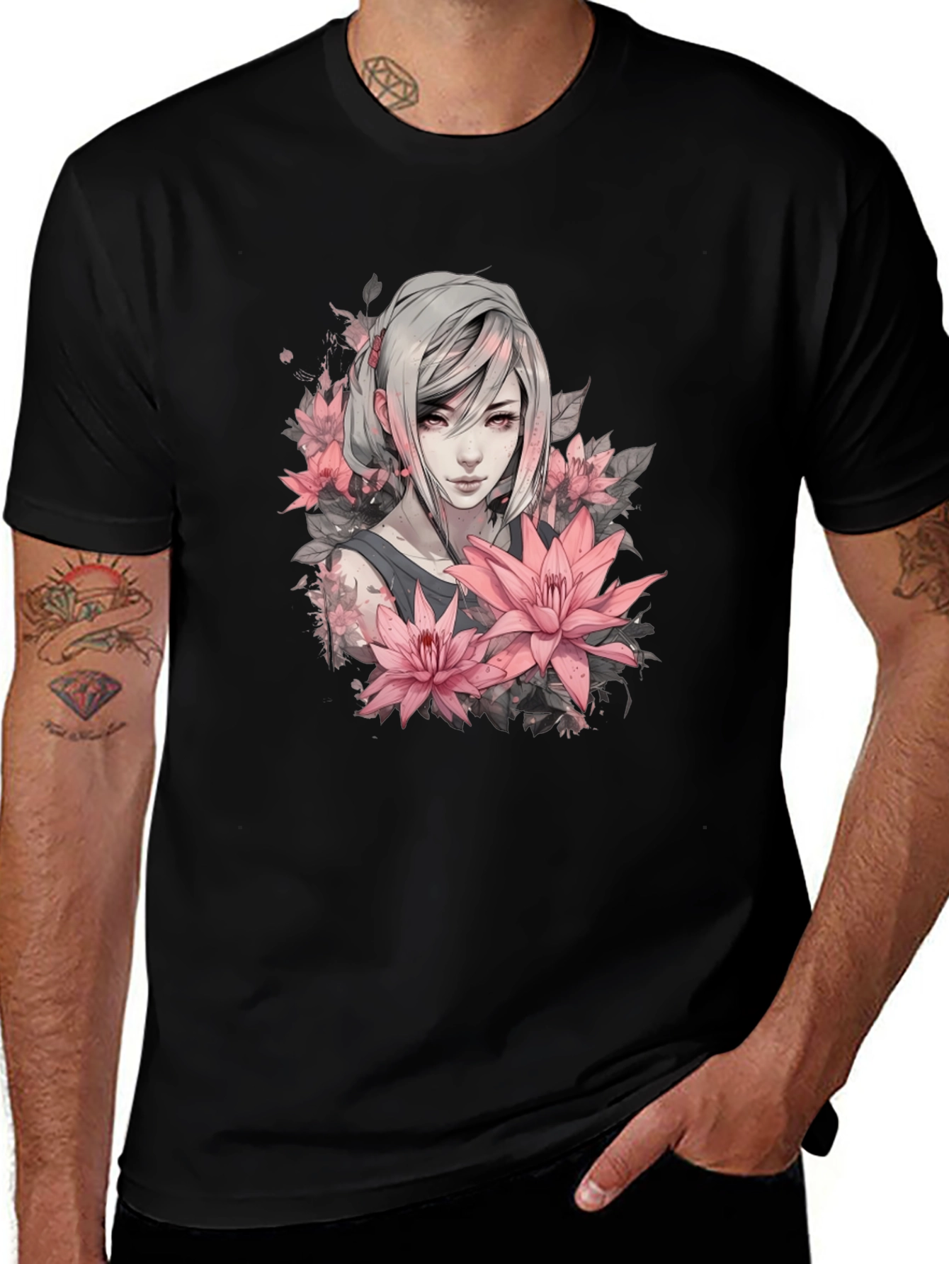 Floral Anime Girl Graphic Black T-Shirt