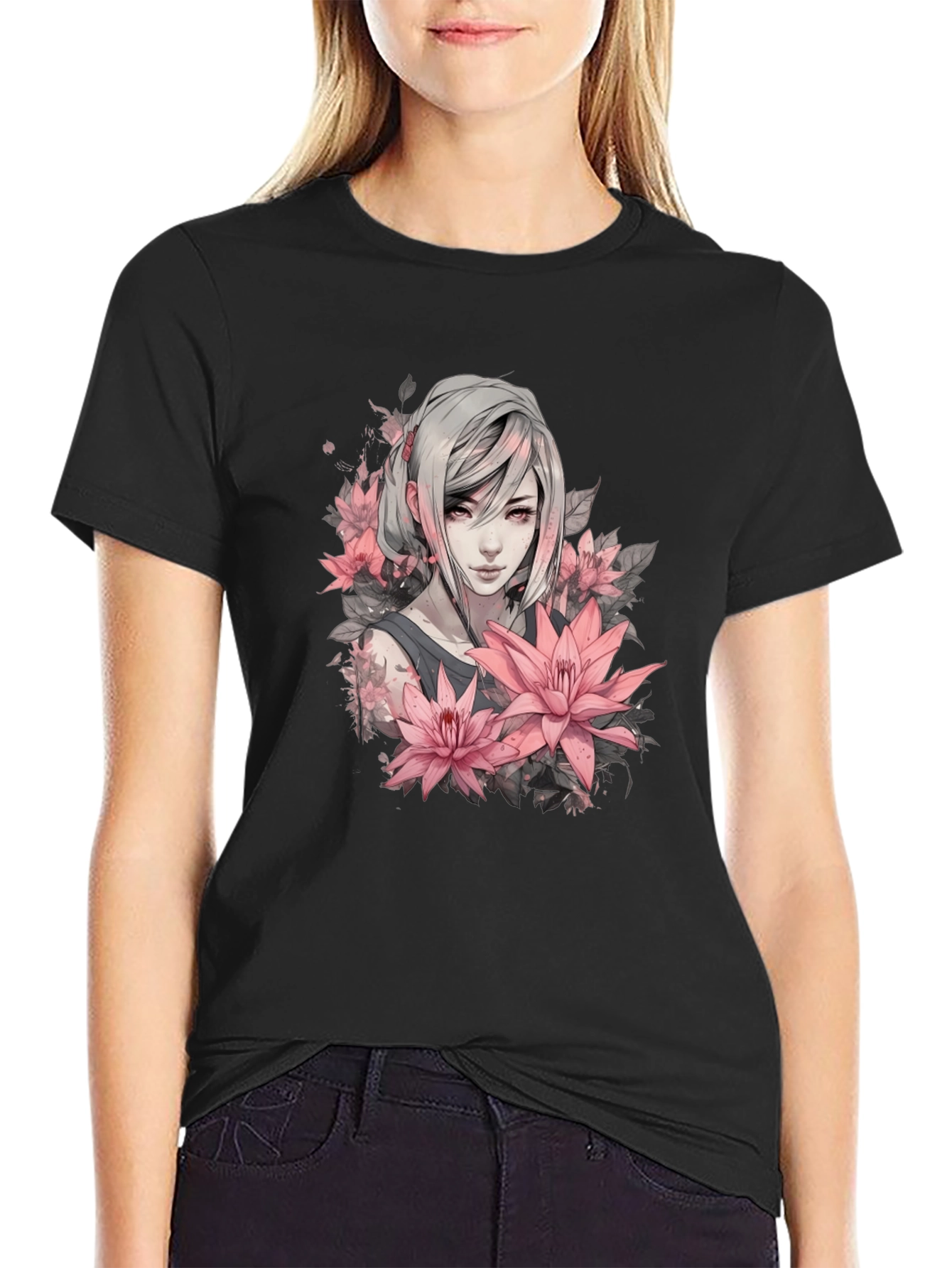 Floral Anime Girl Graphic Black T-Shirt