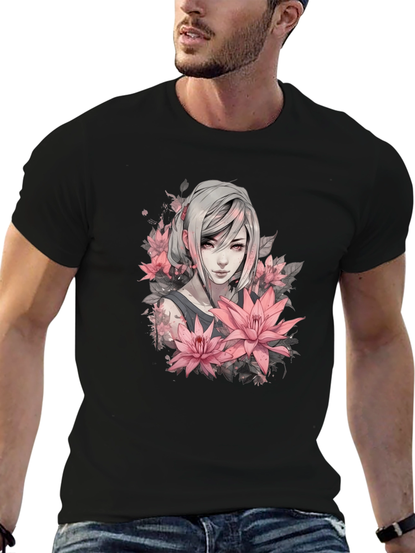 Floral Anime Girl Graphic Black T-Shirt