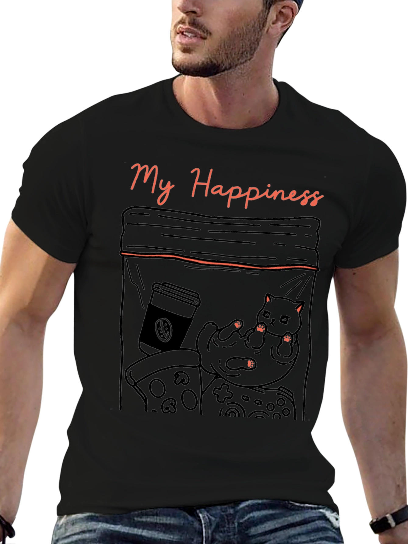 My Happiness T-Shirt: Cat Coffee Pizza and Gaming!