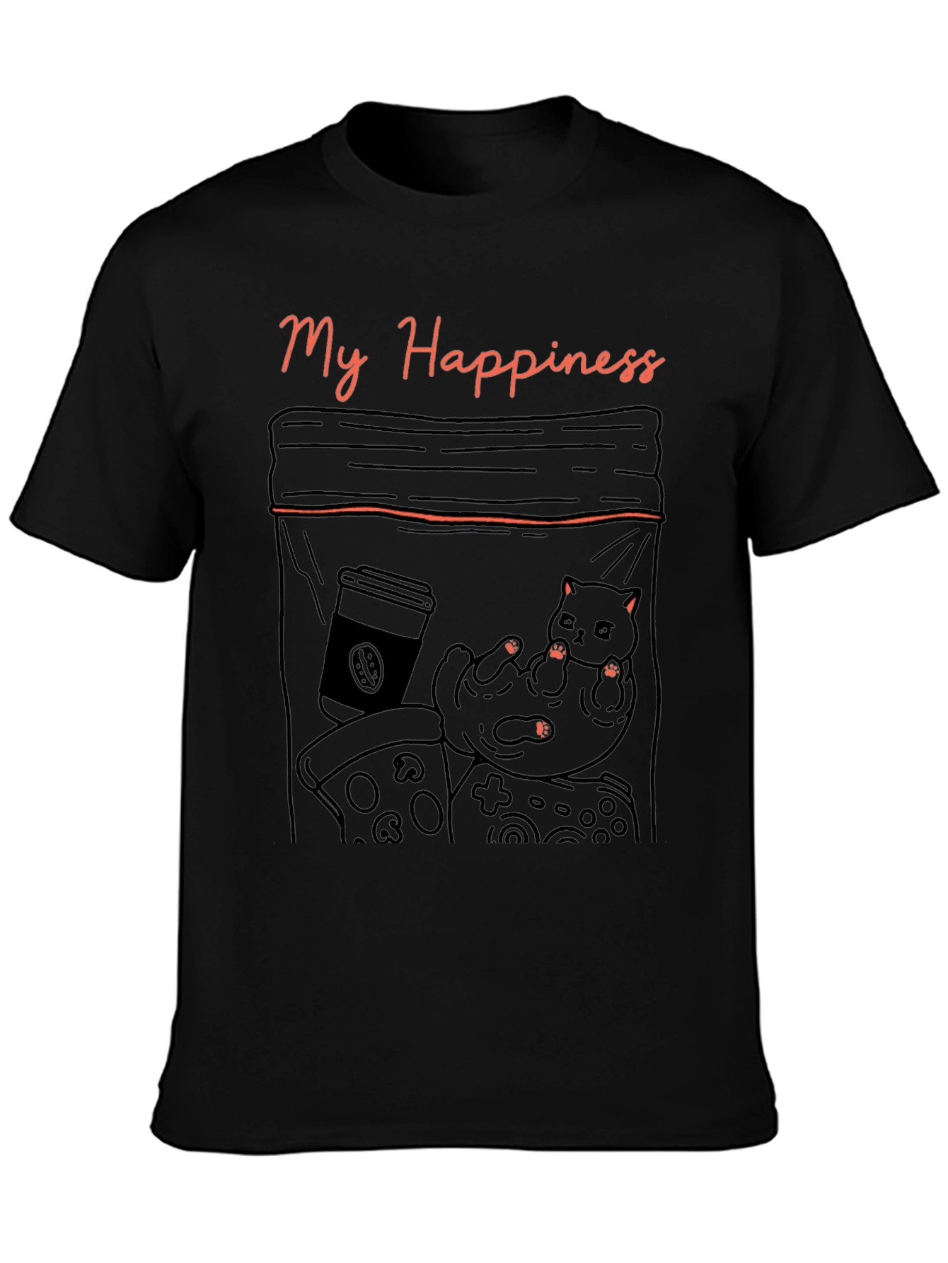 My Happiness T-Shirt: Cat Coffee Pizza and Gaming!