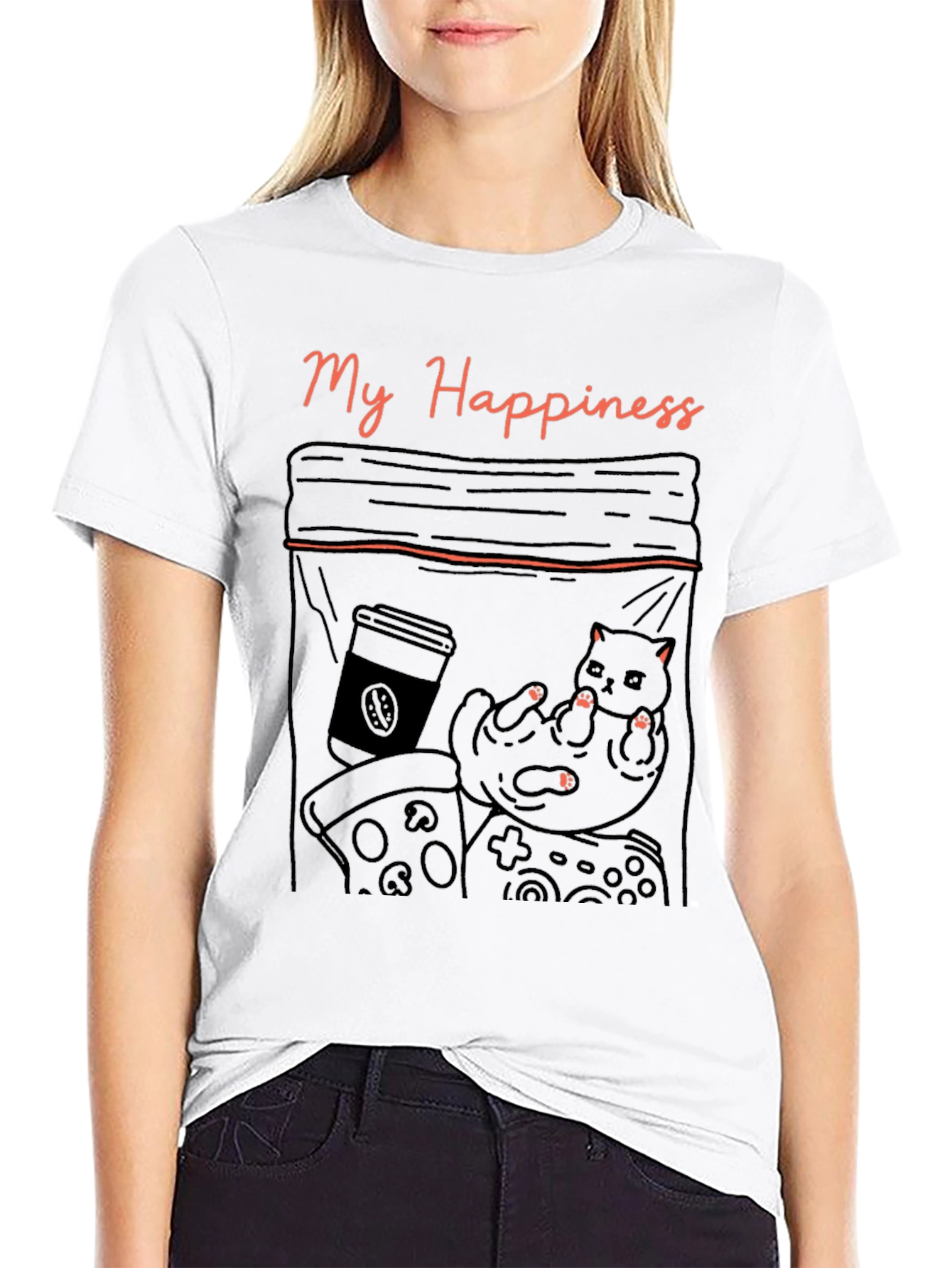 My Happiness T-Shirt: Cat Coffee Pizza and Gaming!