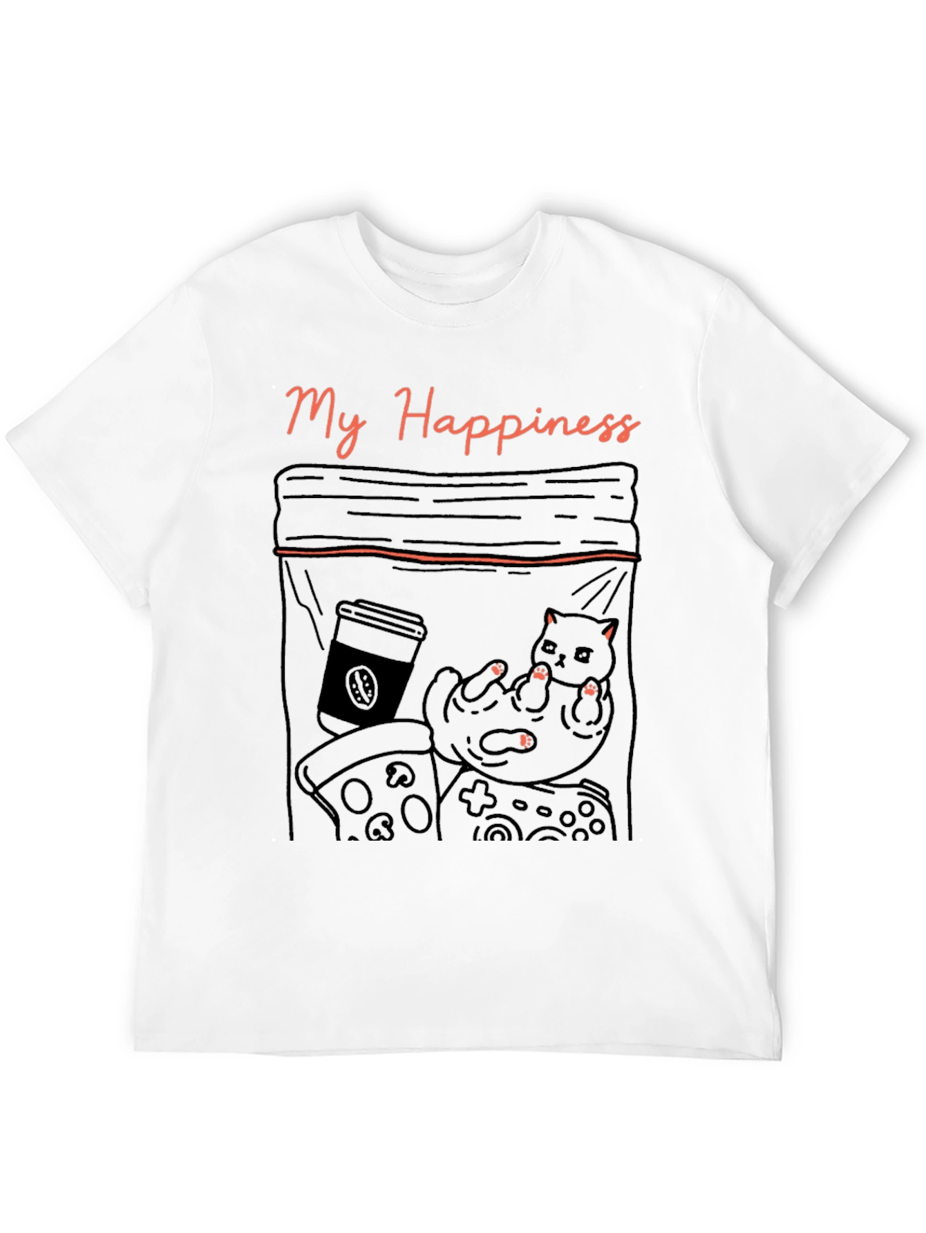My Happiness T-Shirt: Cat Coffee Pizza and Gaming!