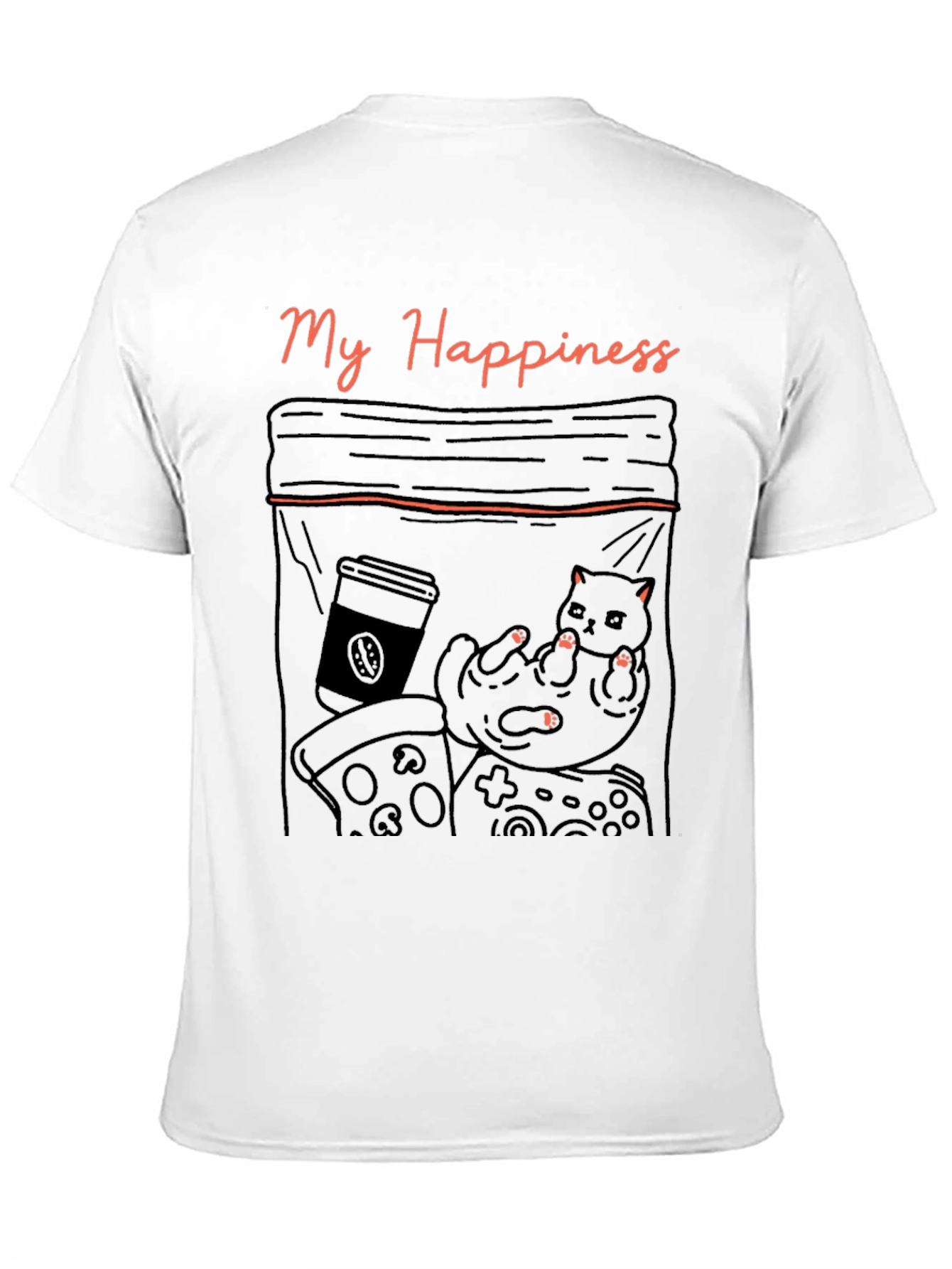 My Happiness T-Shirt: Cat Coffee Pizza and Gaming!