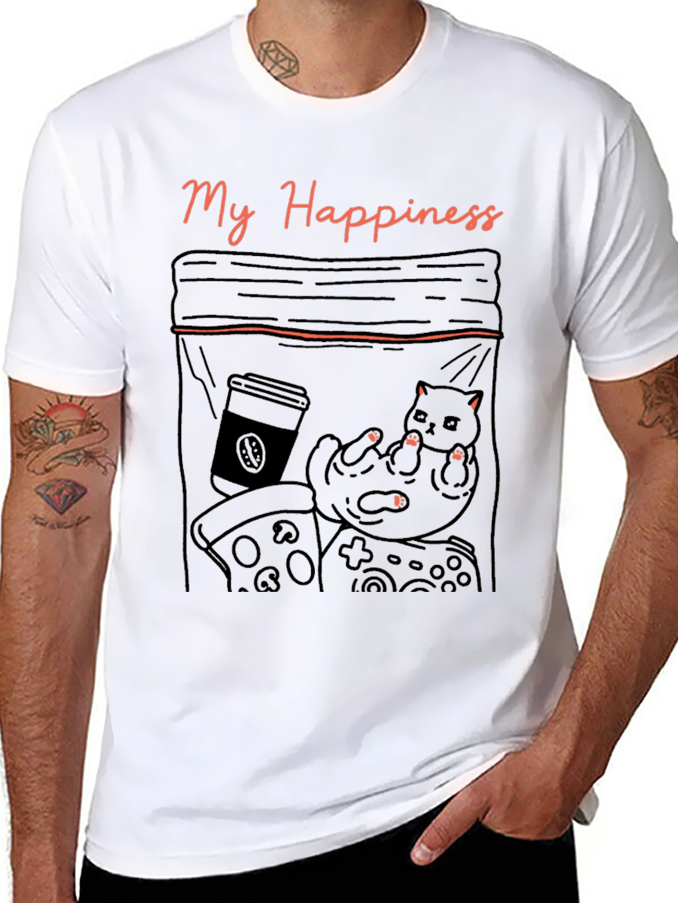 My Happiness T-Shirt: Cat Coffee Pizza and Gaming!