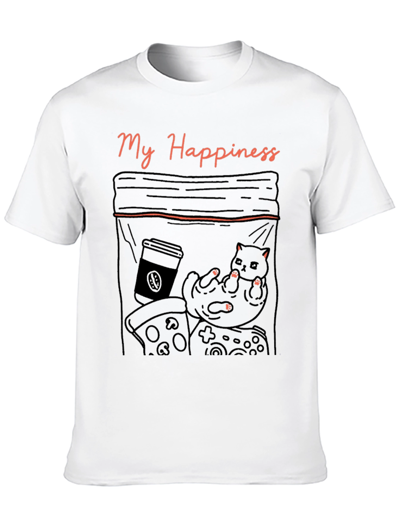 My Happiness T-Shirt: Cat Coffee Pizza and Gaming!