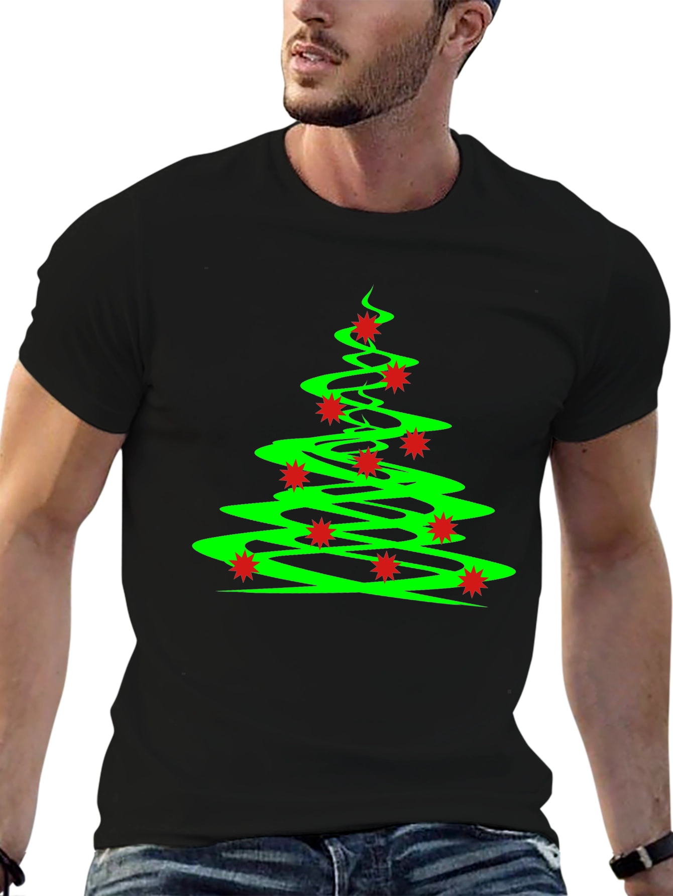 Festive Christmas Tree Graphic Tee - Black Cotton