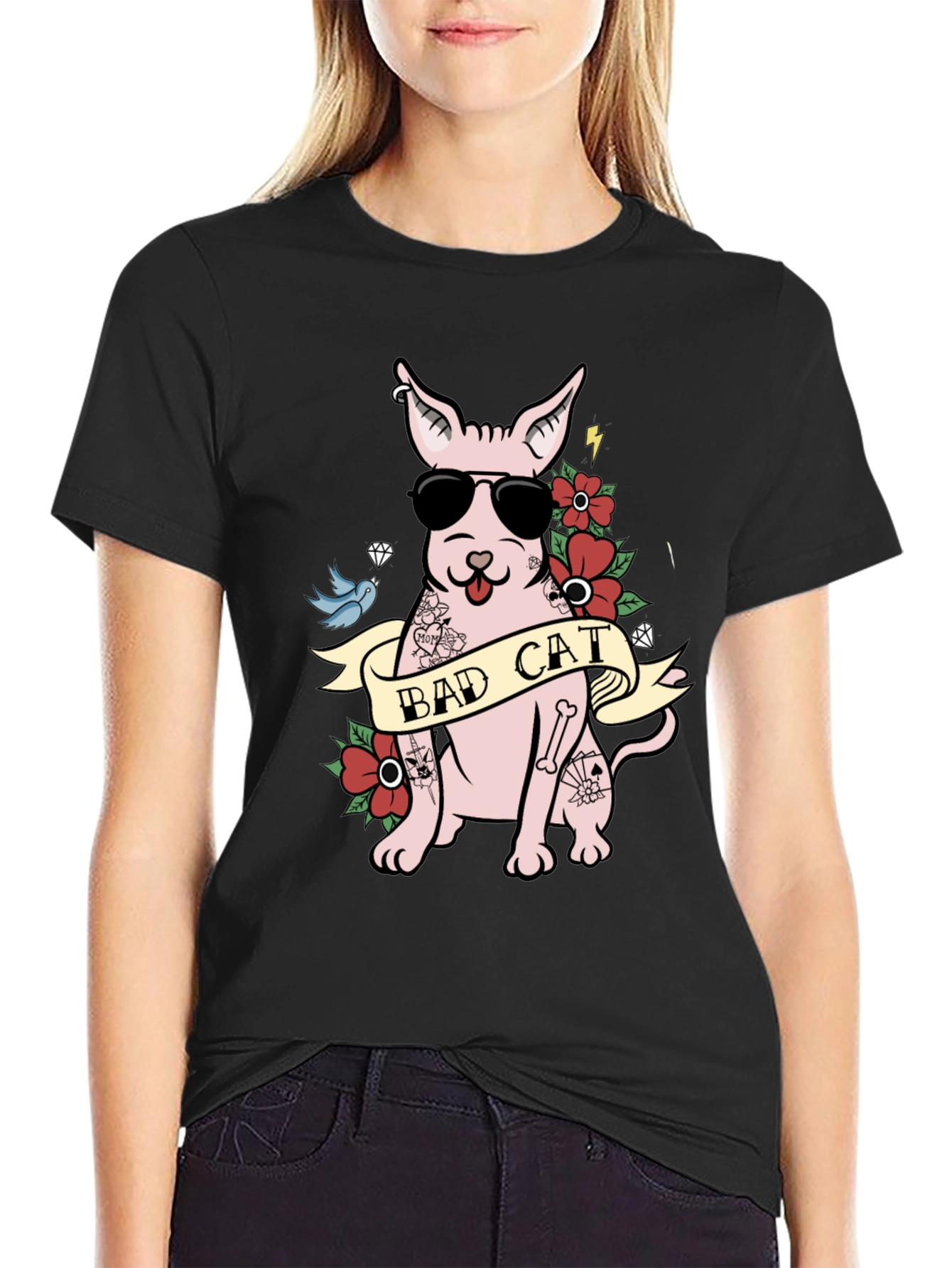 Bad Cat Tattoo Style T-Shirt