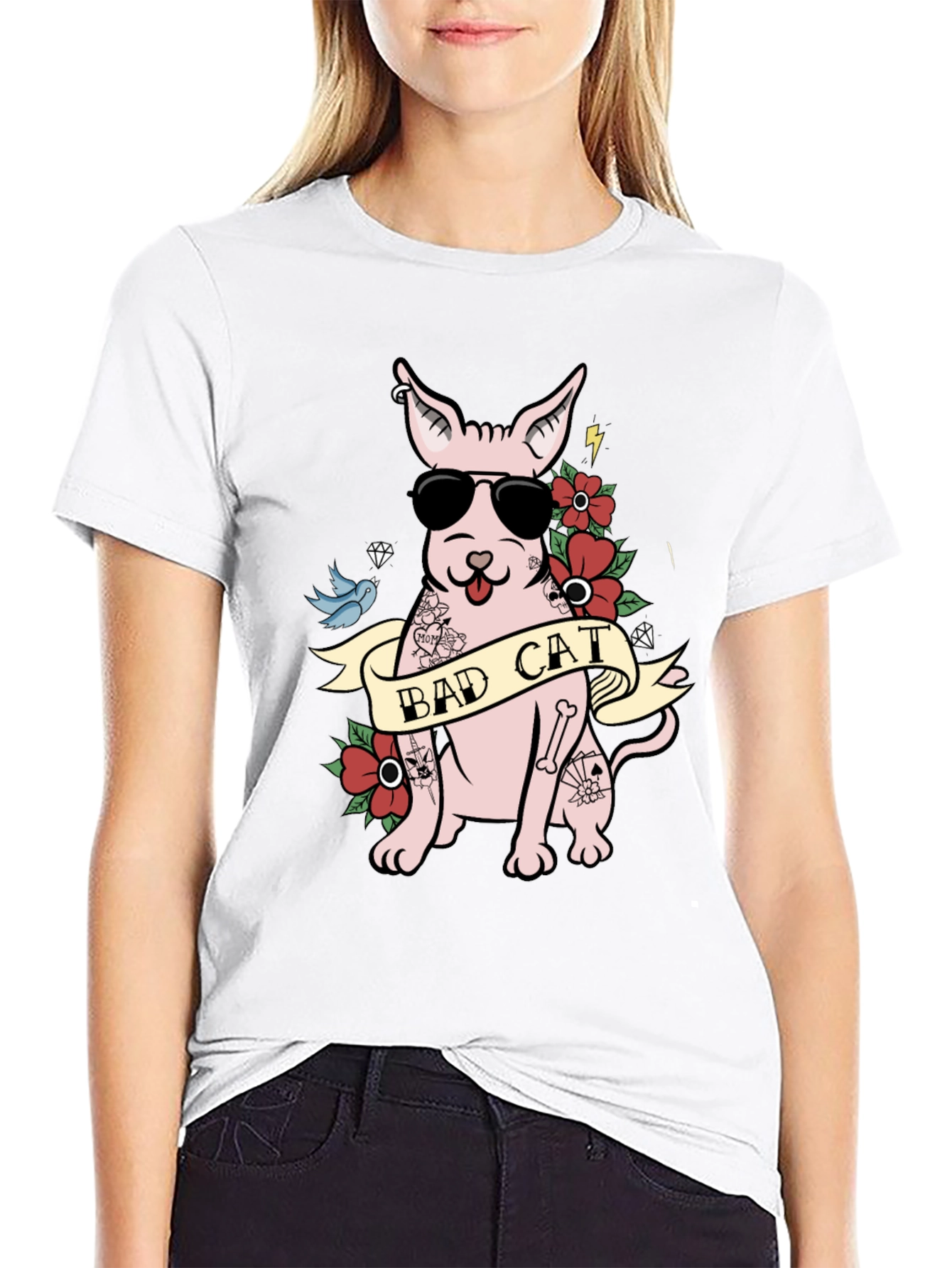 Bad Cat Tattoo Style T-Shirt