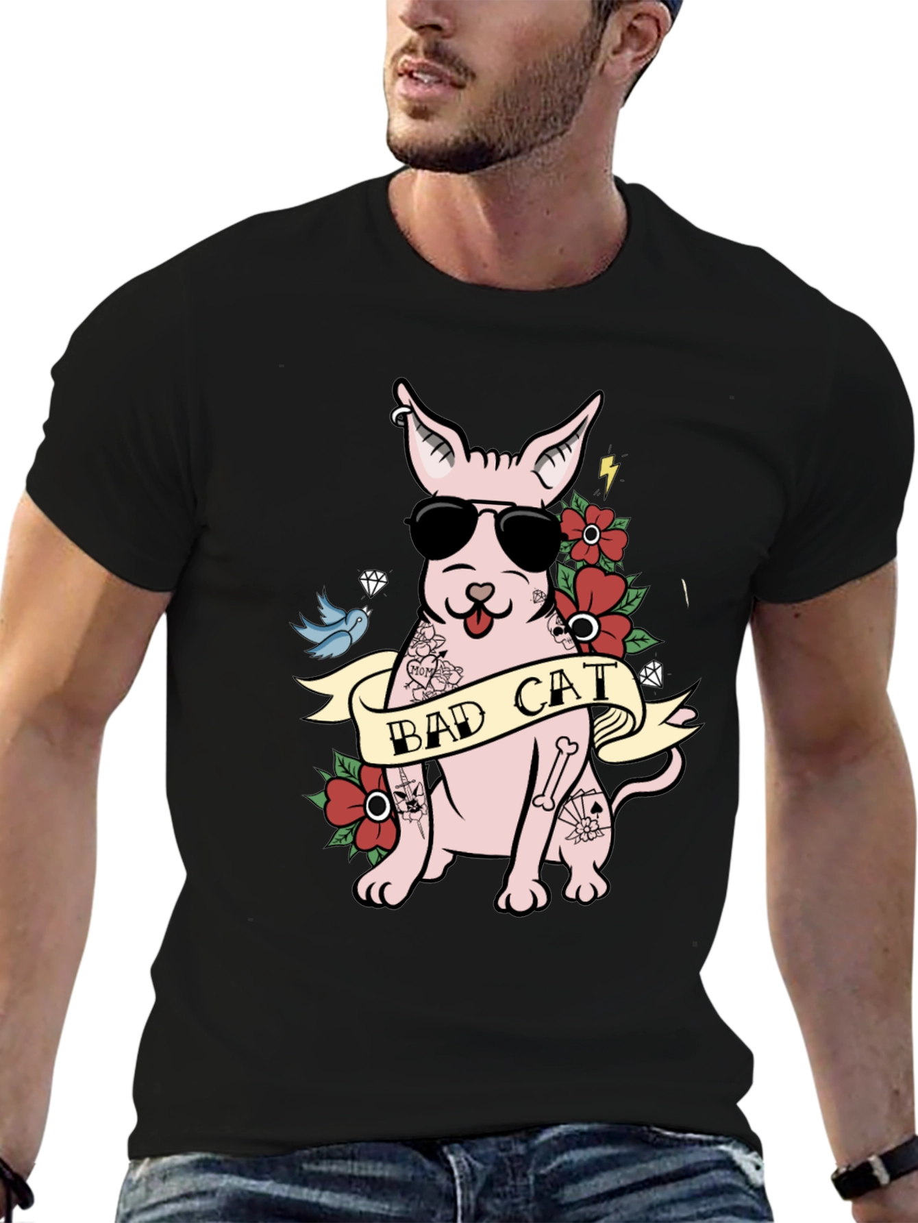 Bad Cat Tattoo Style T-Shirt