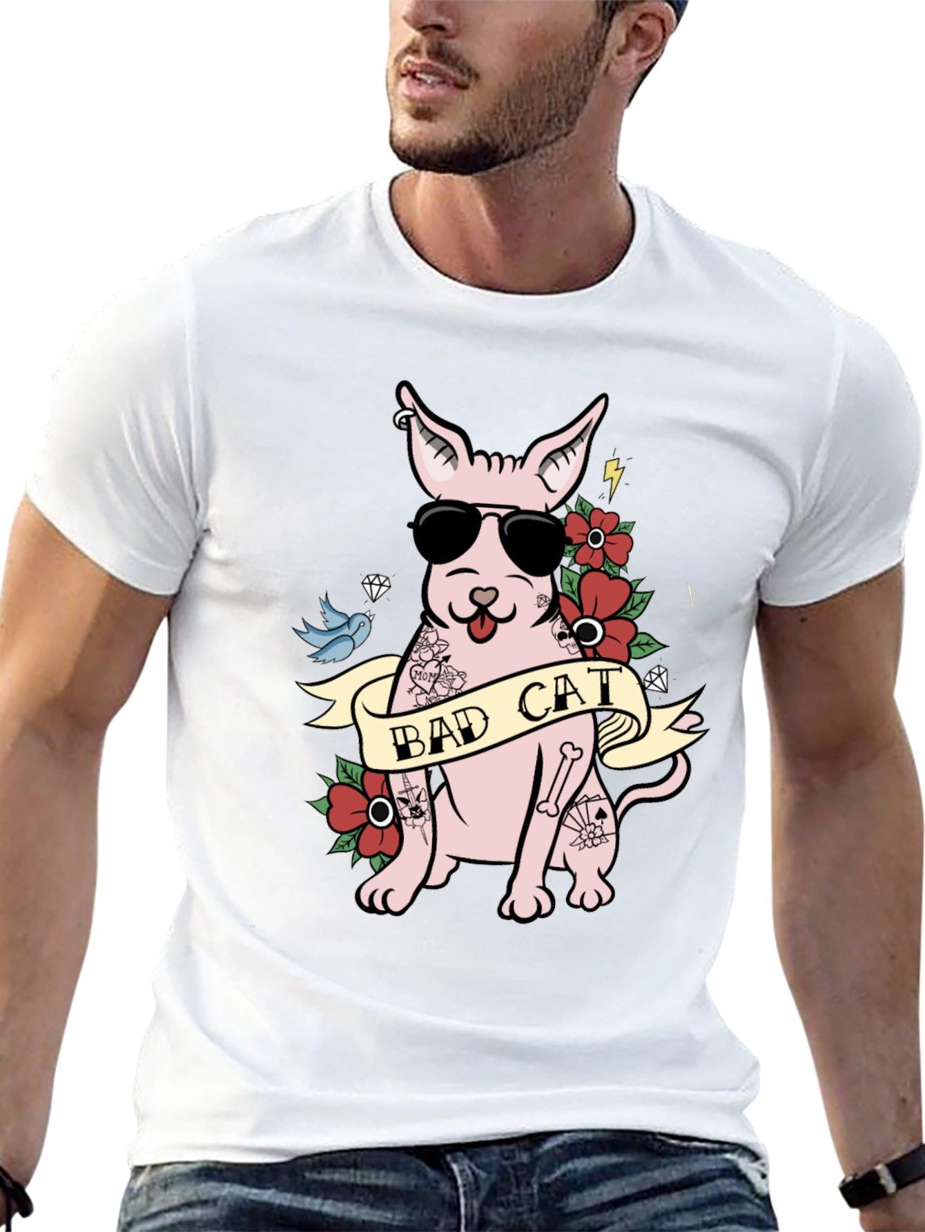 Bad Cat Tattoo Style T-Shirt