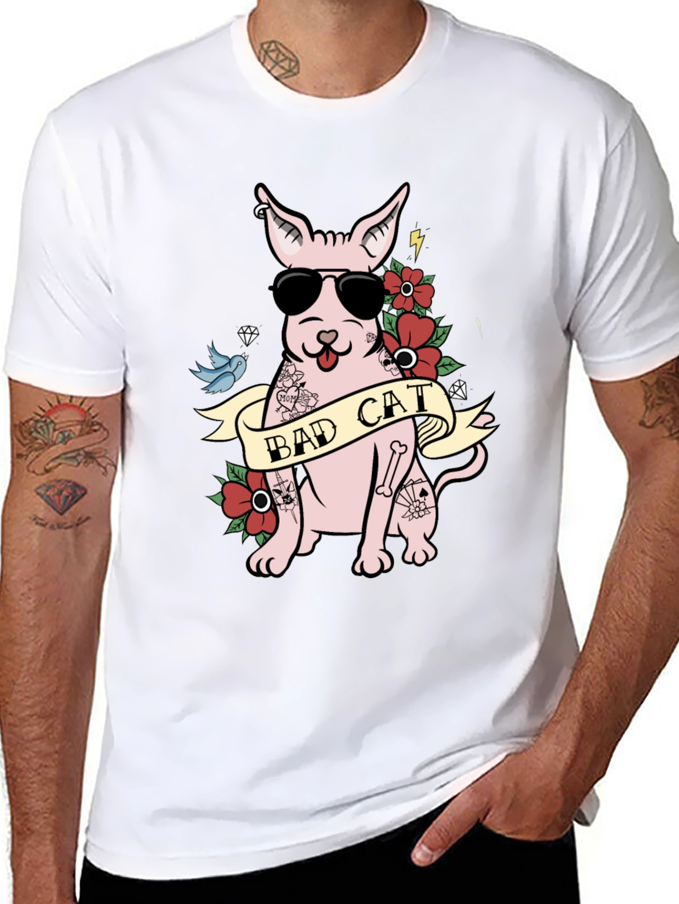 Bad Cat Tattoo Style T-Shirt