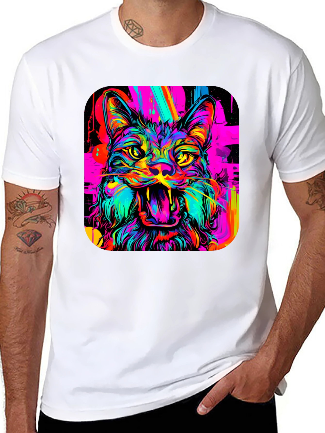Neon Cat Graphic Tee - Bold Artistic Design