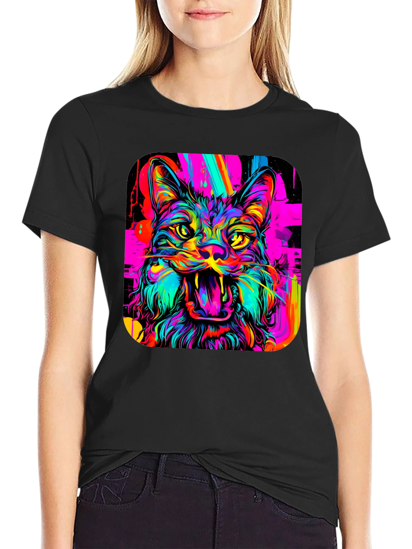 Neon Cat Graphic Tee - Bold Artistic Design