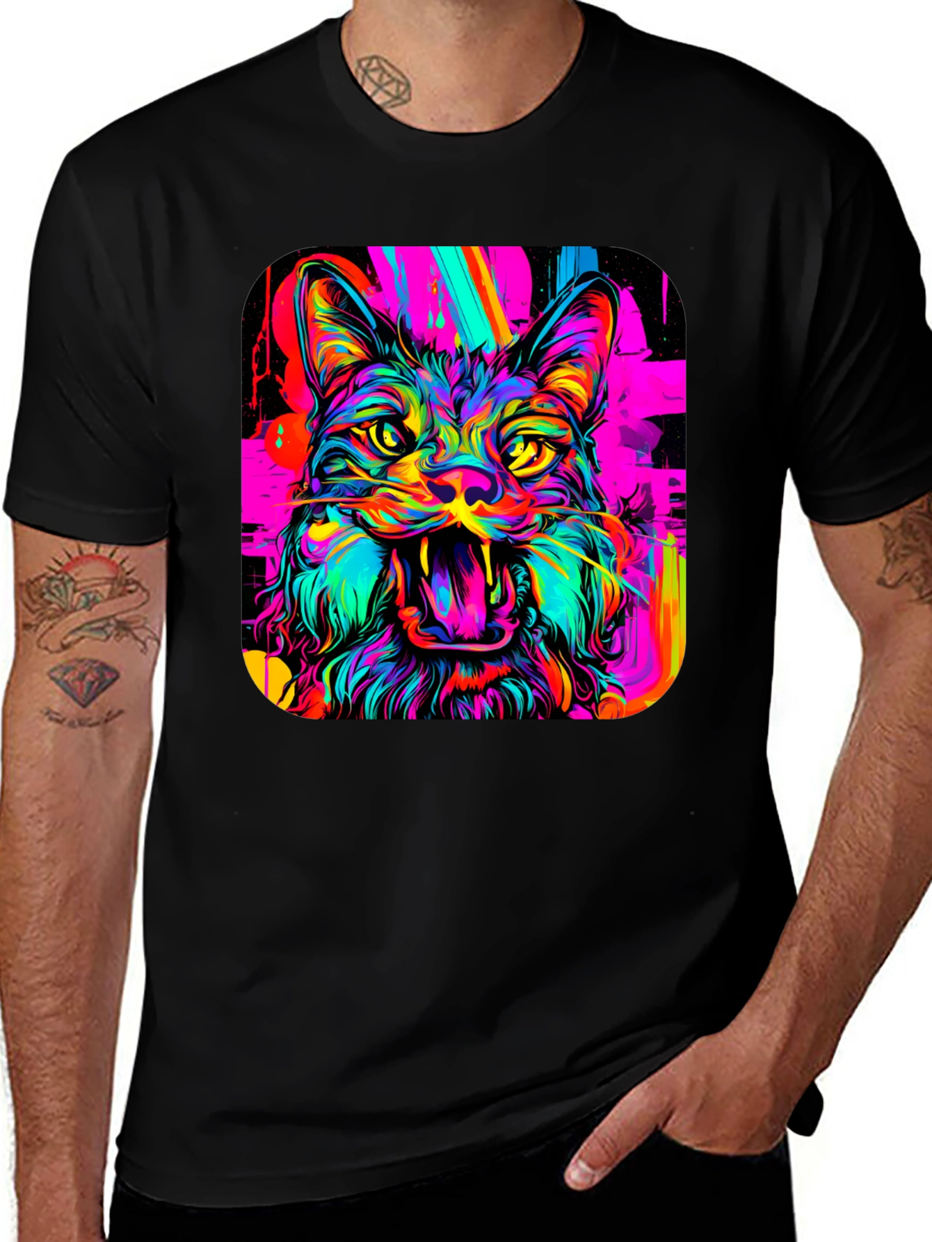 Neon Cat Graphic Tee - Bold Artistic Design