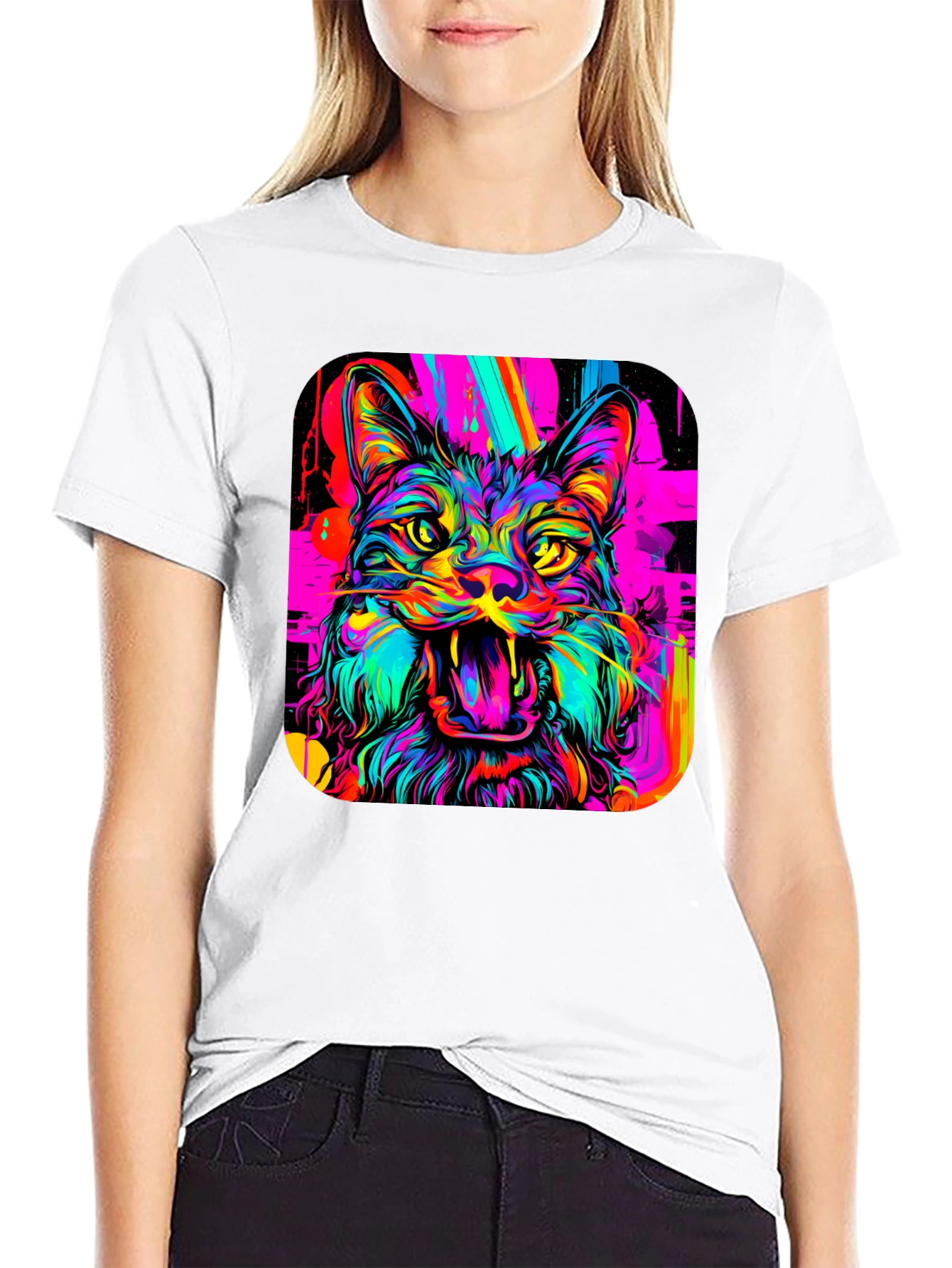Neon Cat Graphic Tee - Bold Artistic Design