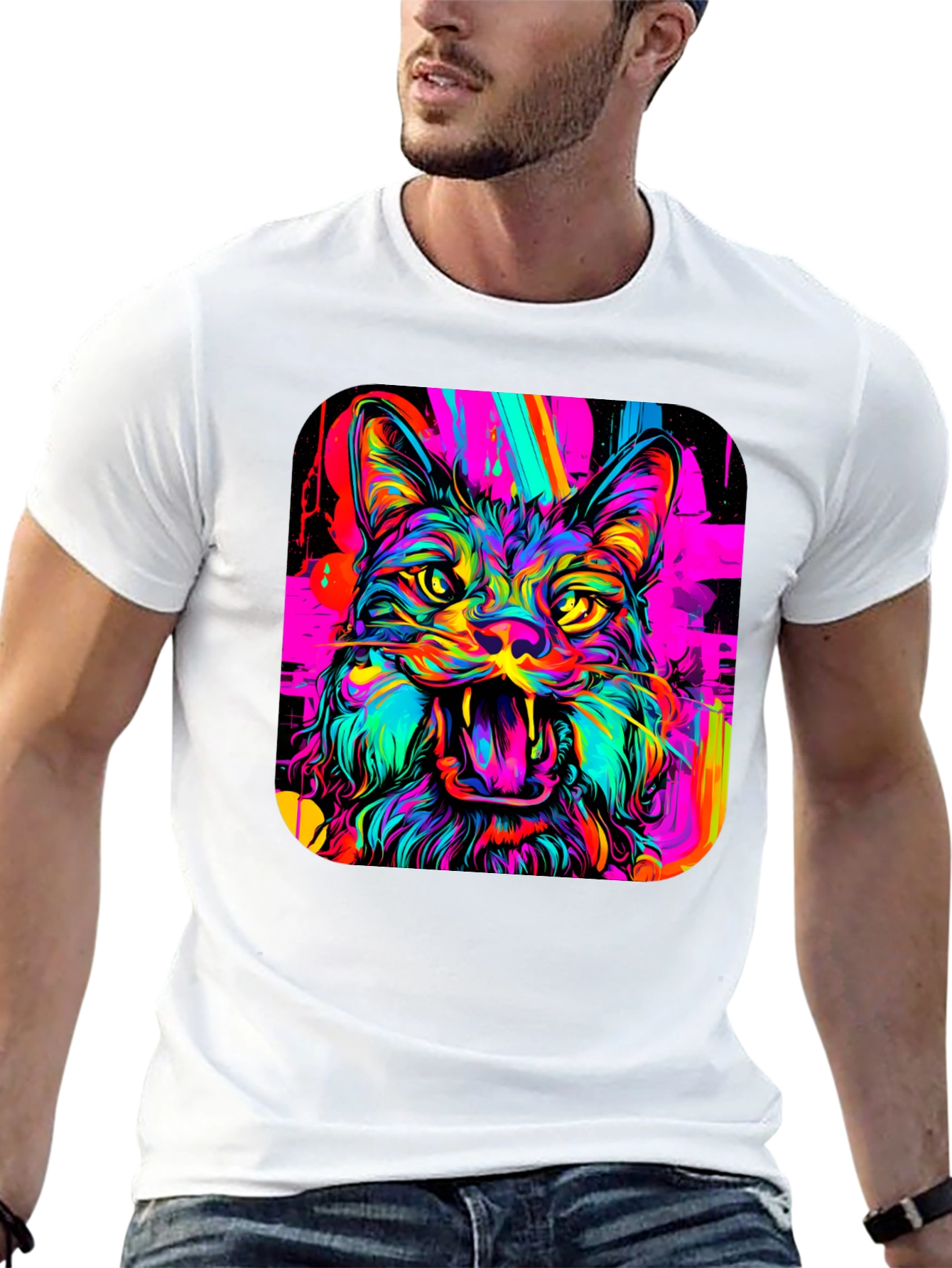 Neon Cat Graphic Tee - Bold Artistic Design