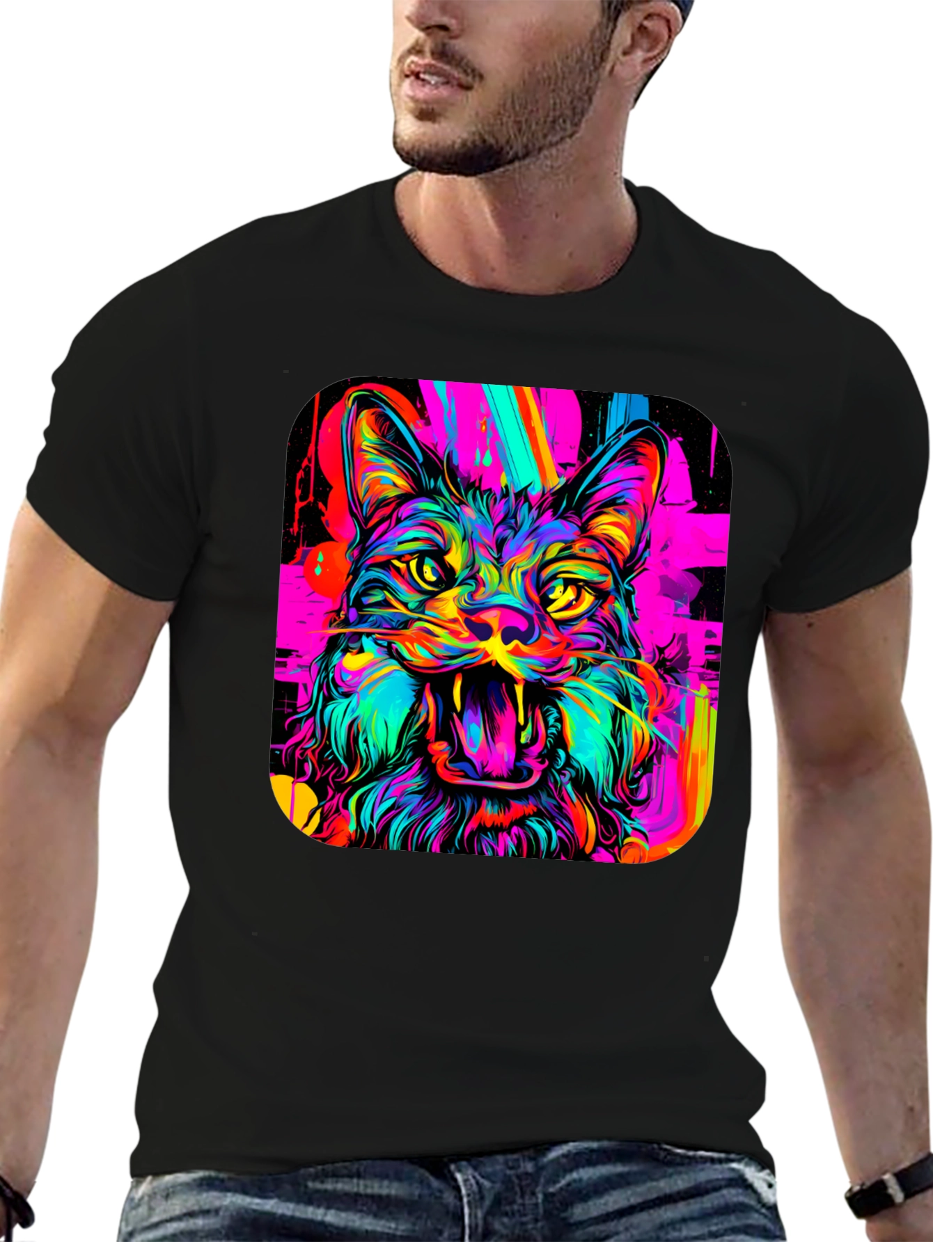 Neon Cat Graphic Tee - Bold Artistic Design