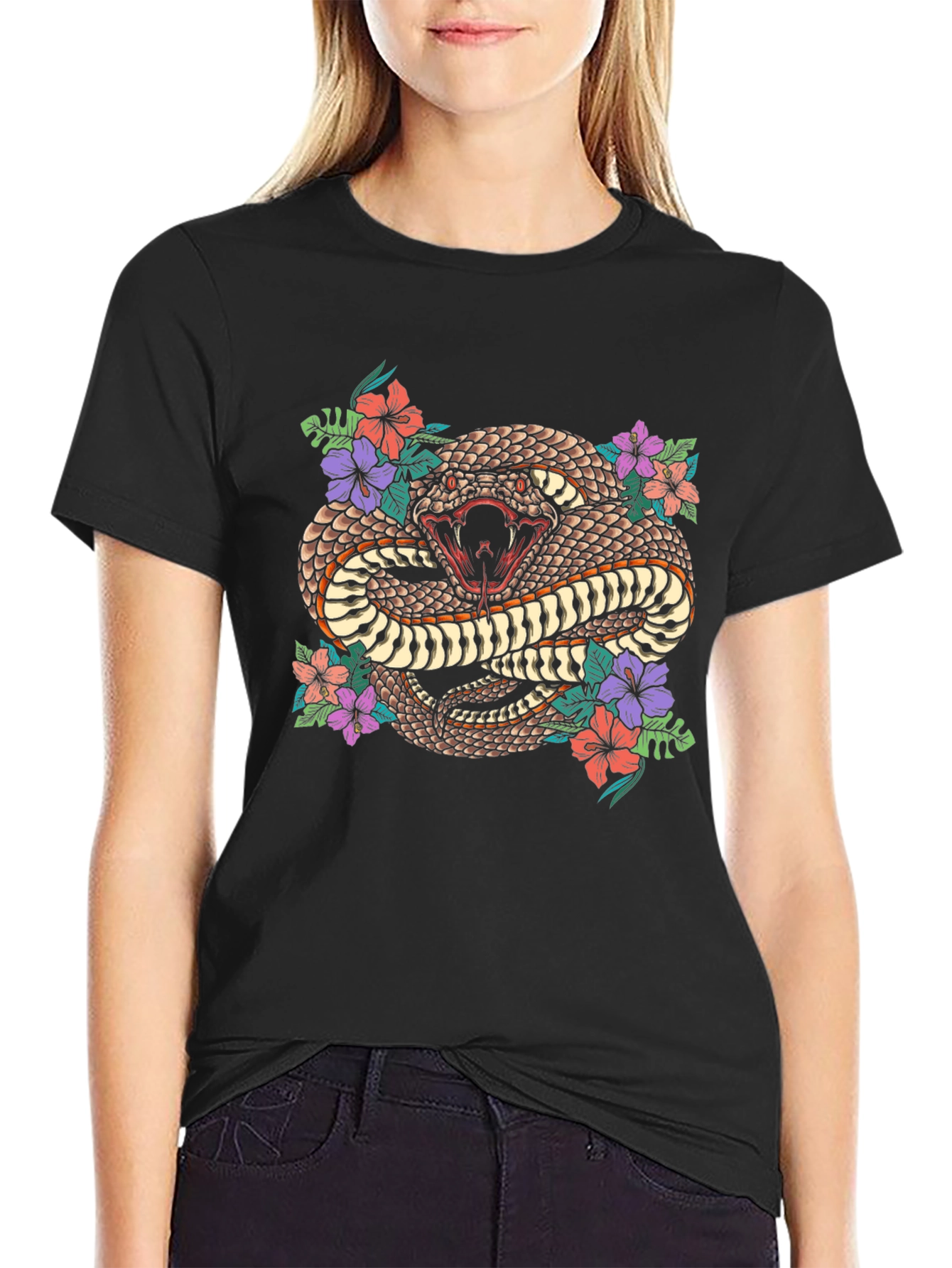 Snake & Floral Print Graphic Tee
