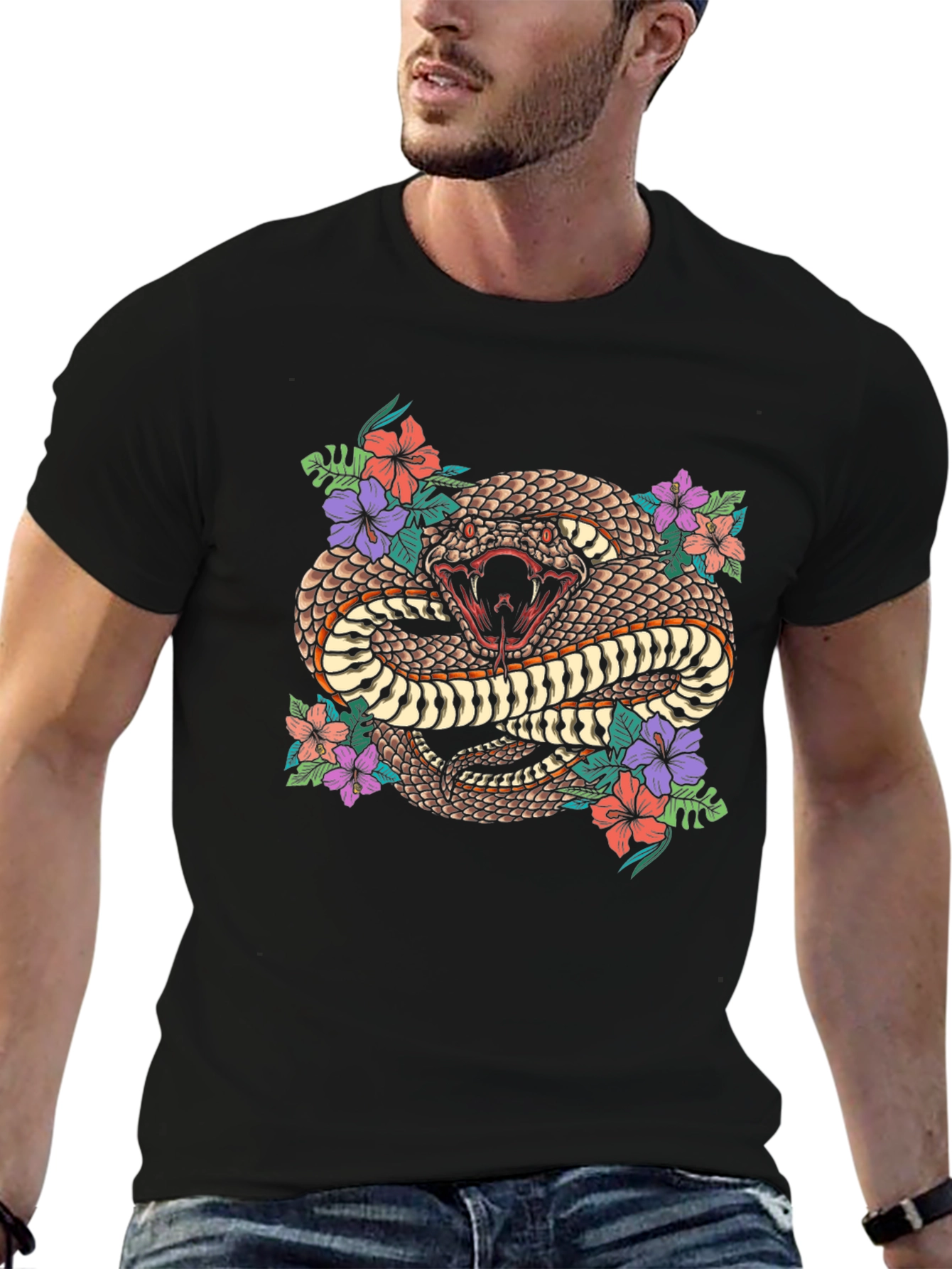 Snake & Floral Print Graphic Tee