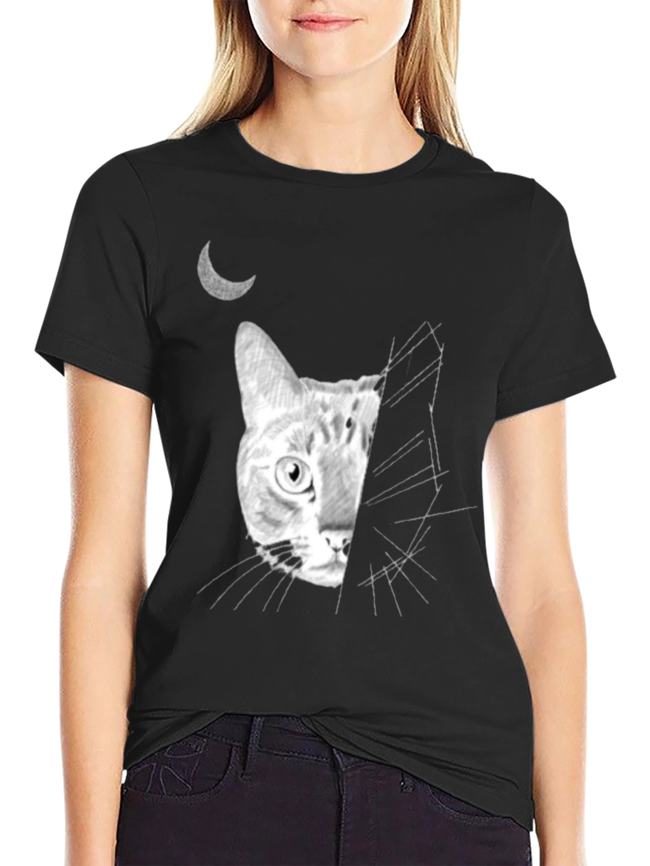 Moonlit Cat Graphic Tee - Unique Design