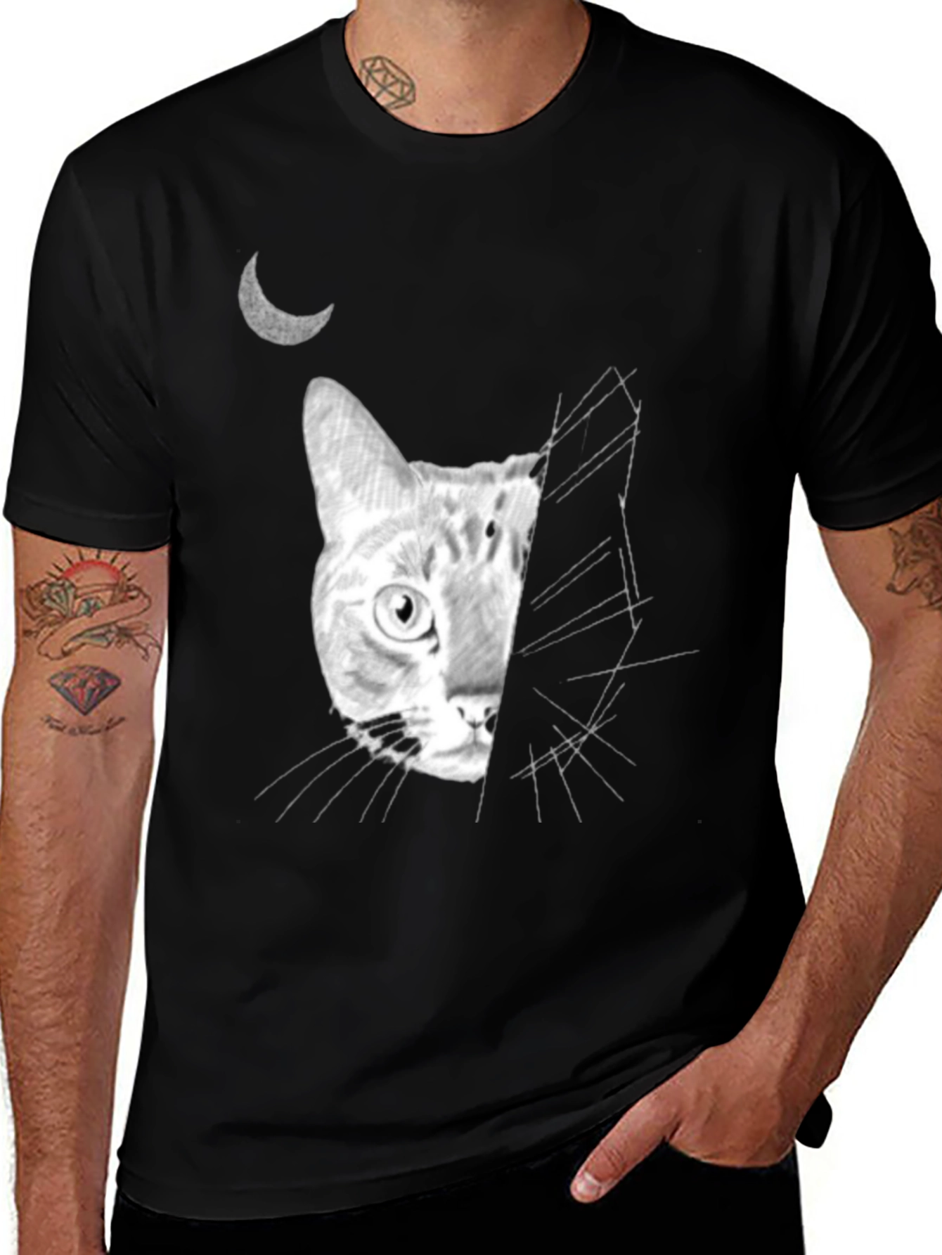 Moonlit Cat Graphic Tee - Unique Design