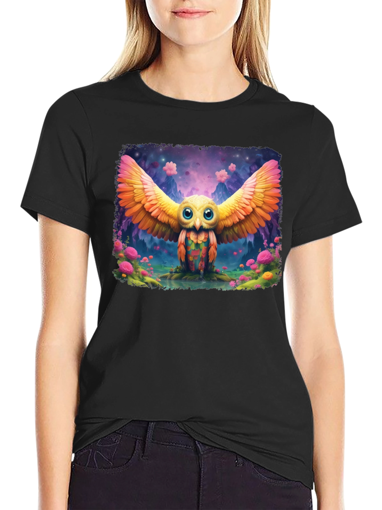 Whimsical Owl Graphic T-Shirt - Vibrant Design