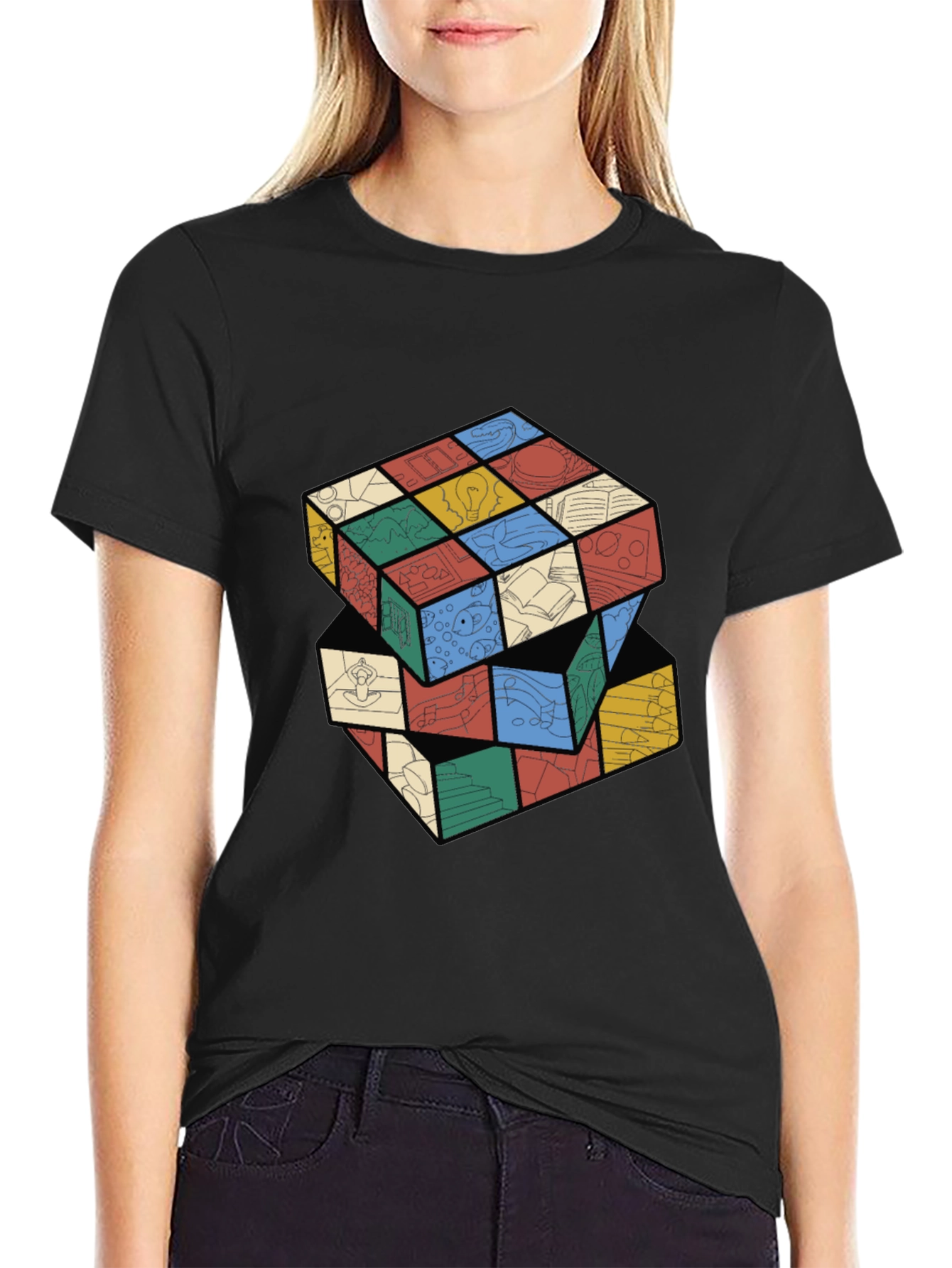Artistic Rubiks Cube Design Black T-Shirt