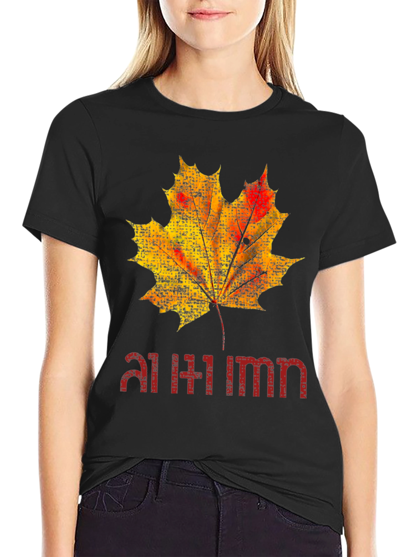 Autumn Maple Leaf Graphic Black T-Shirt