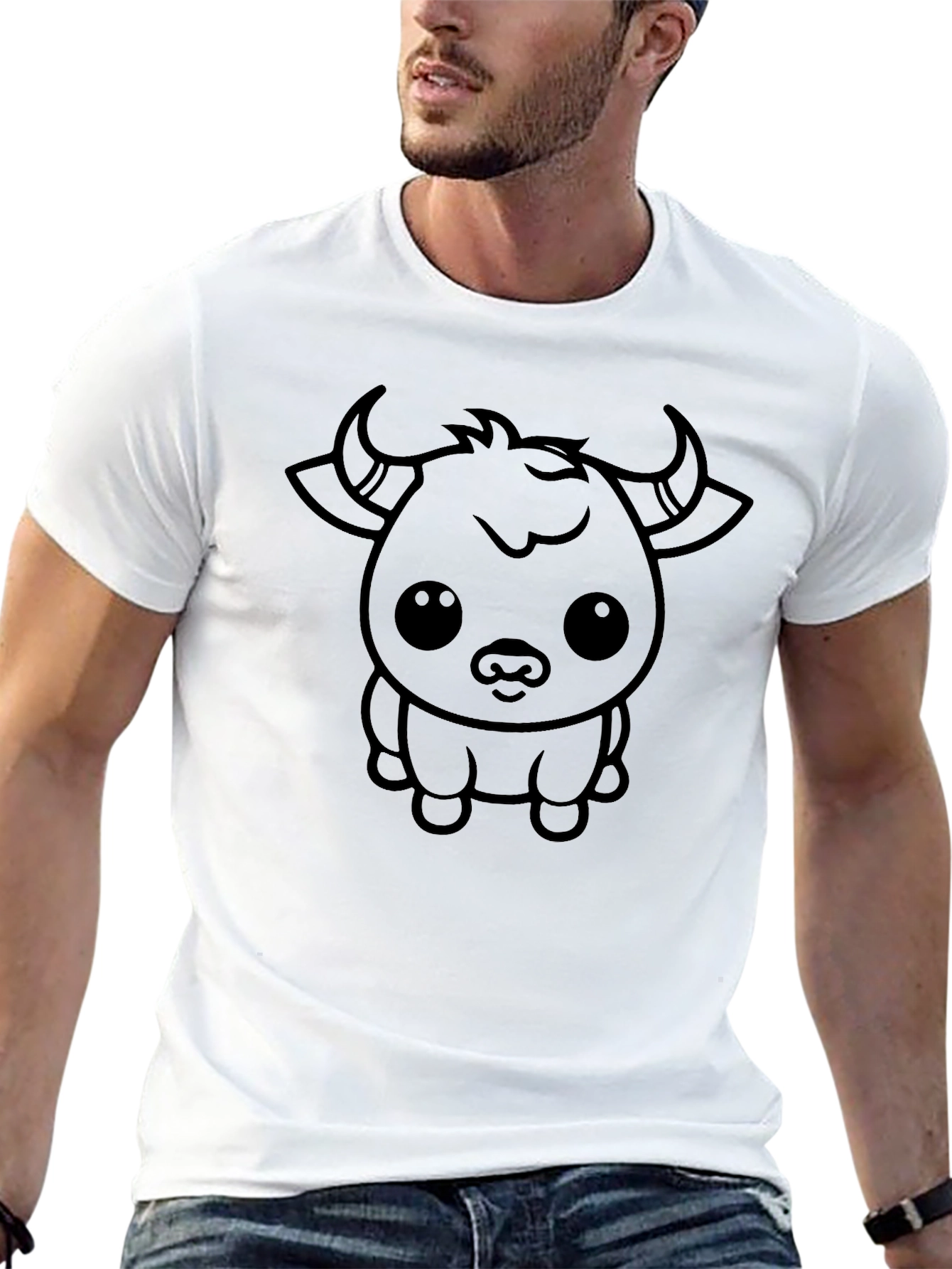 Cute Cartoon Bull Graphic Tee - Black