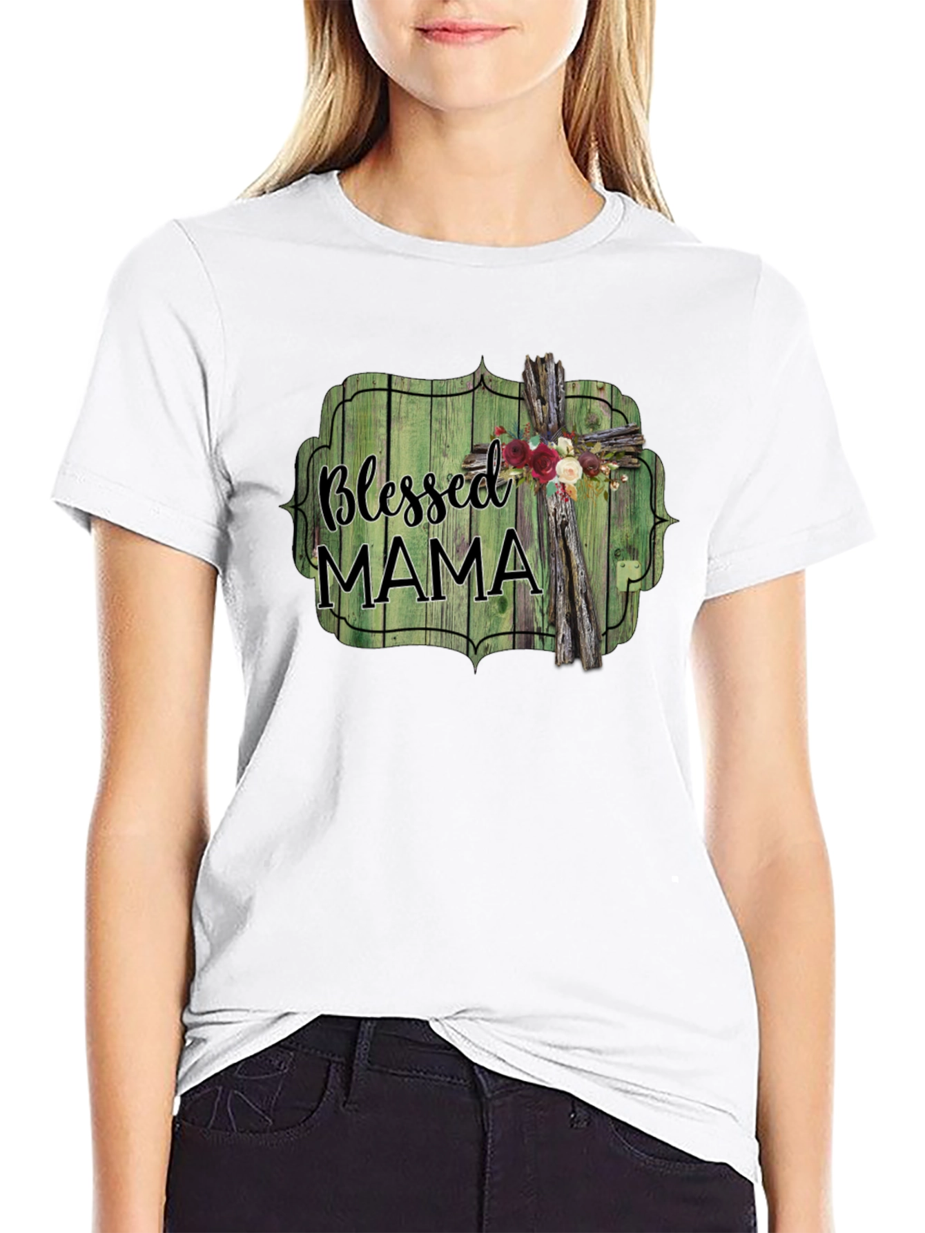 Blessed Mama T-Shirt - Rustic Cross Design
