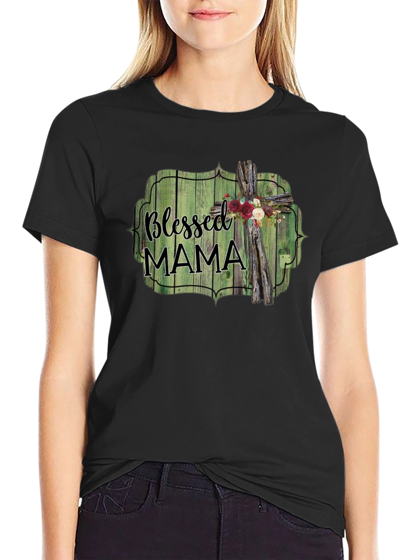 Blessed Mama T-Shirt - Rustic Cross Design