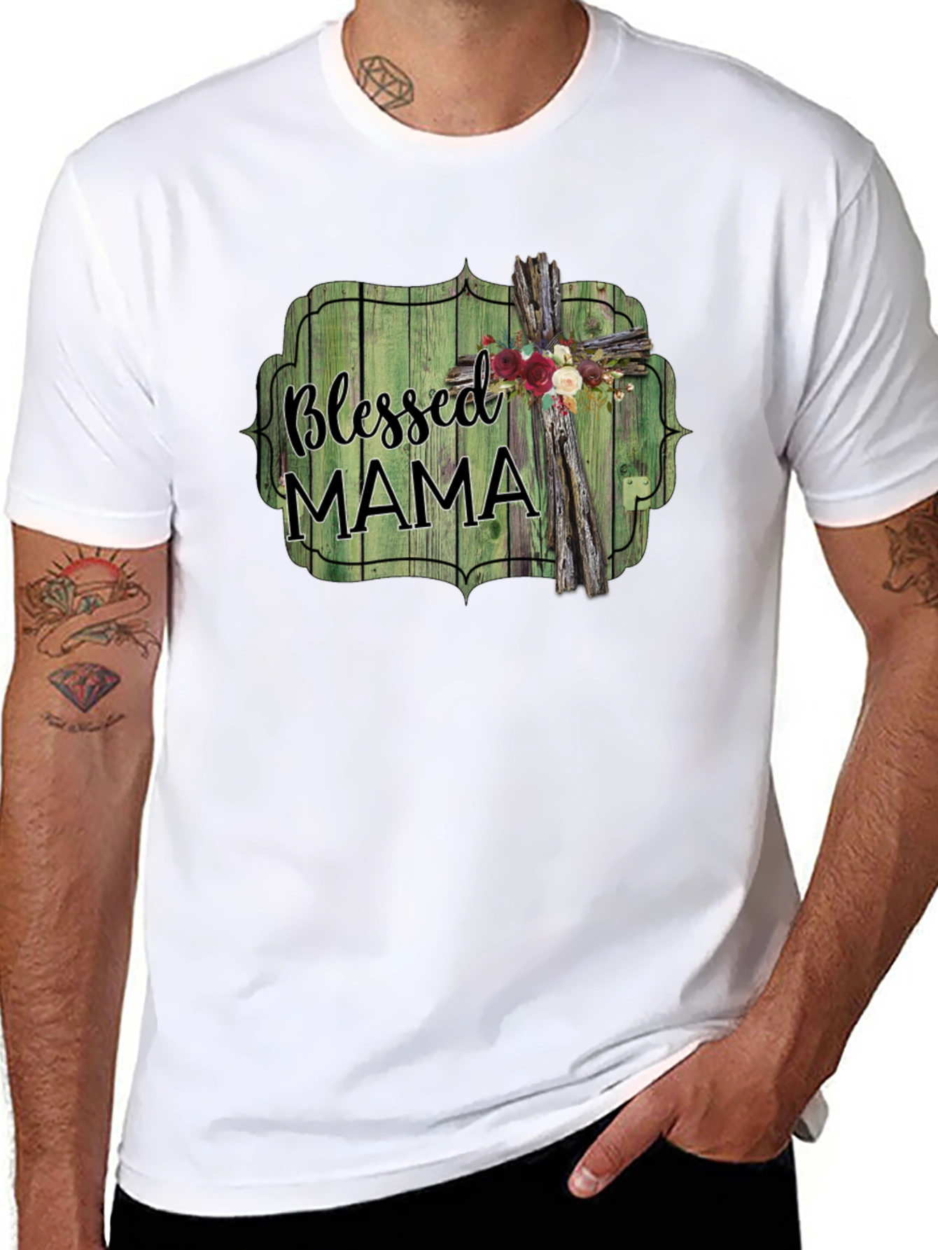 Blessed Mama T-Shirt - Rustic Cross Design