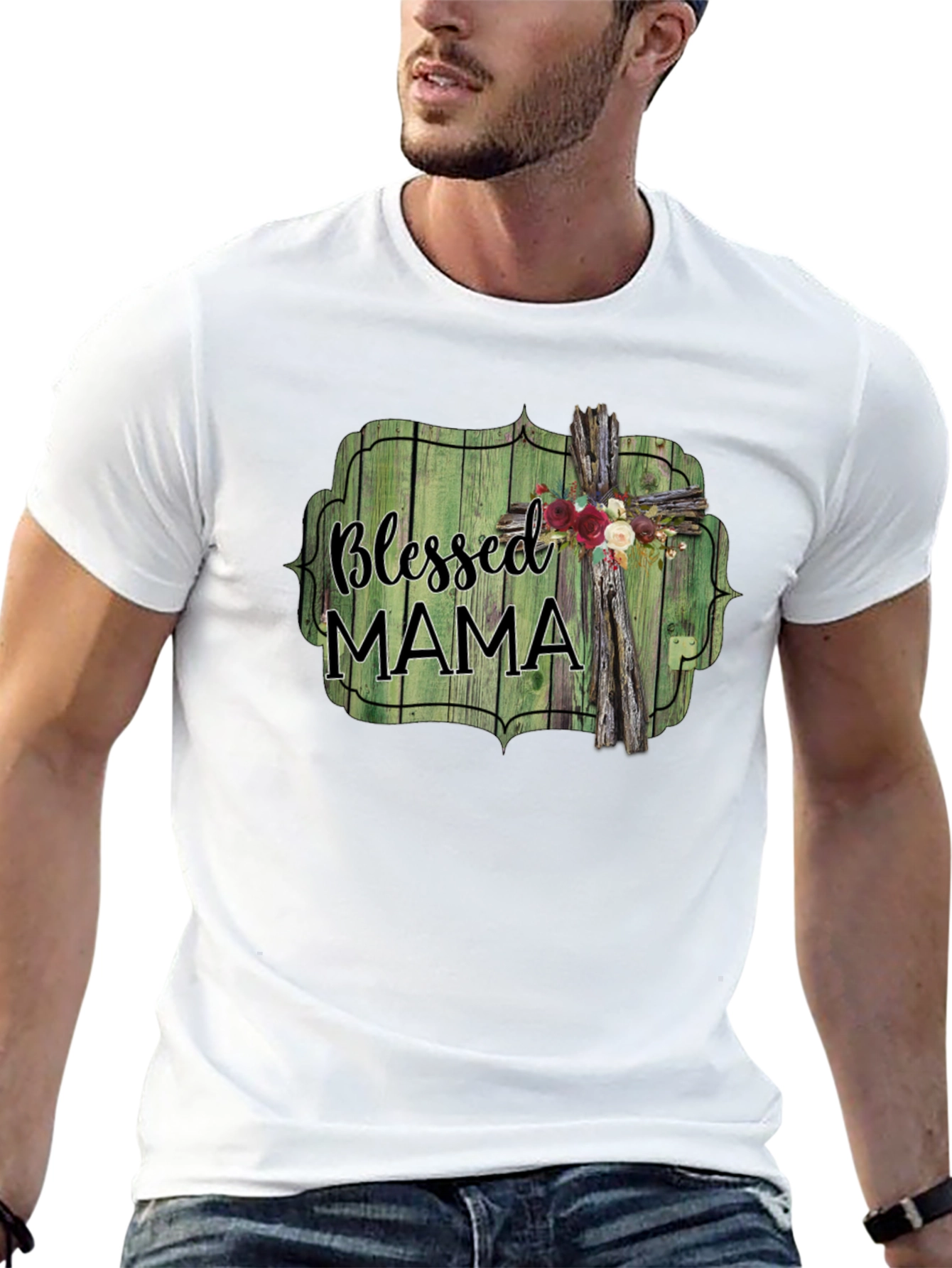 Blessed Mama T-Shirt - Rustic Cross Design