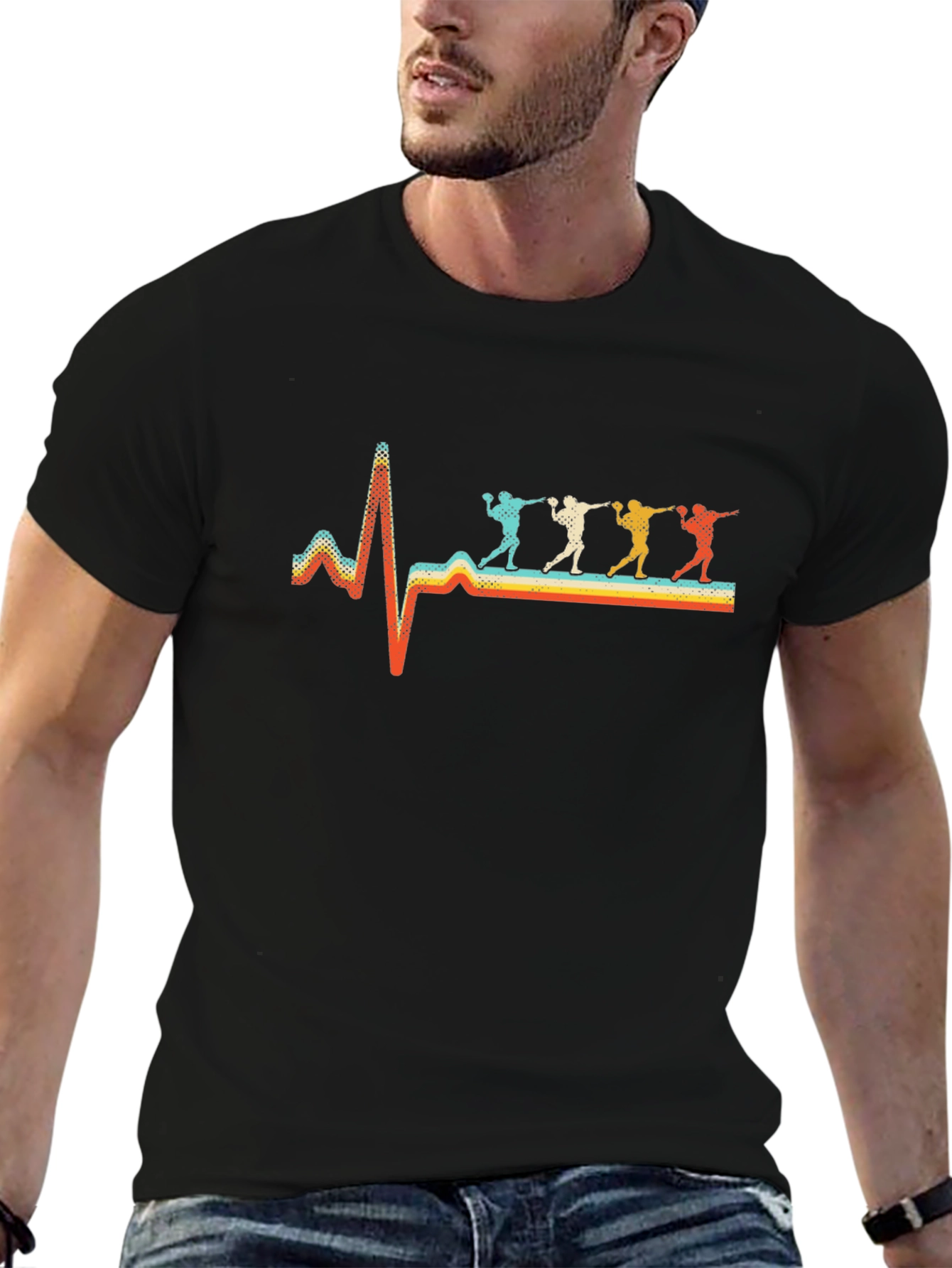 Retro Heartbeat Throwing Sport Black T-Shirt
