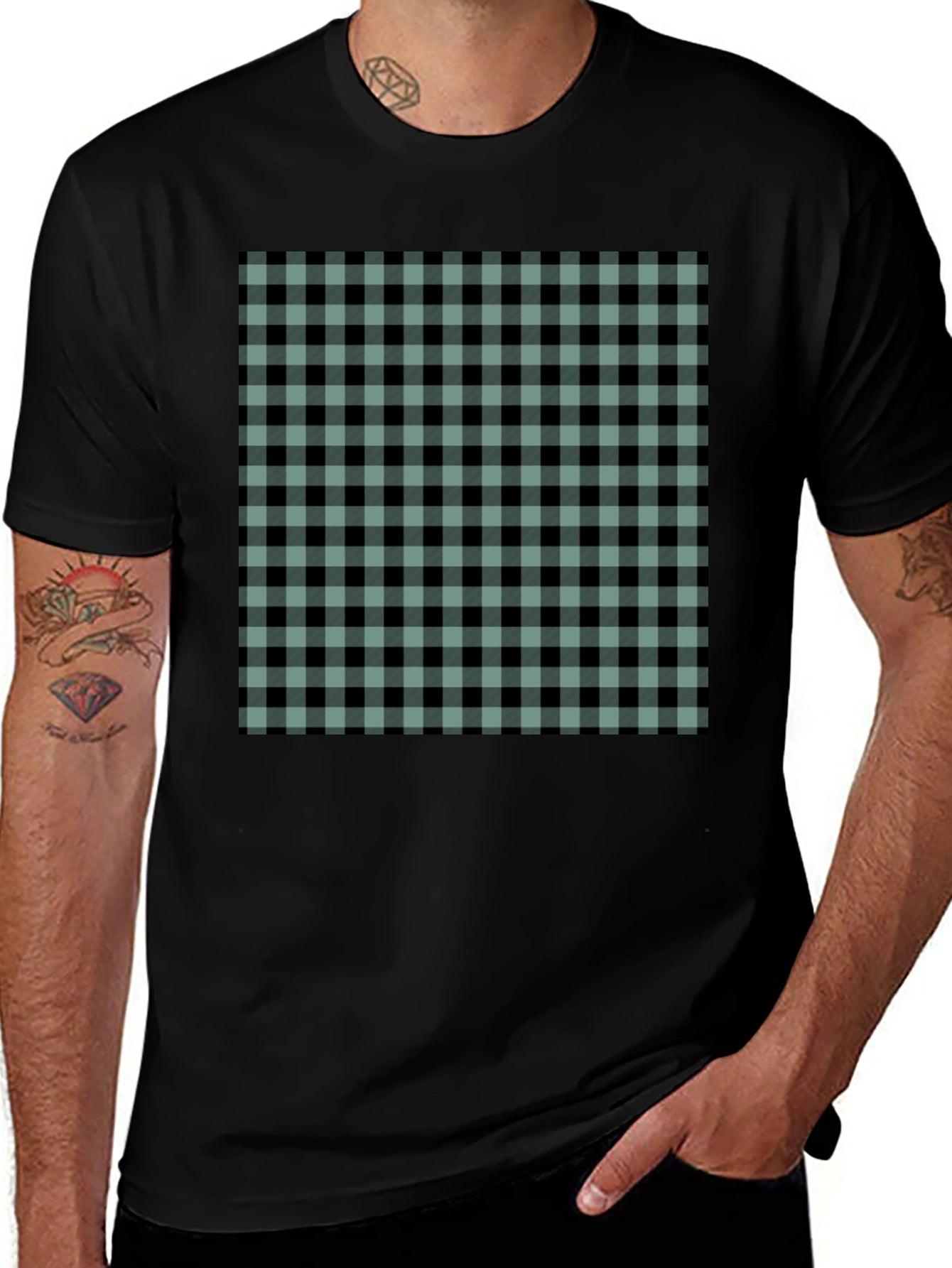 Mens Black T-Shirt with Buffalo Plaid Design