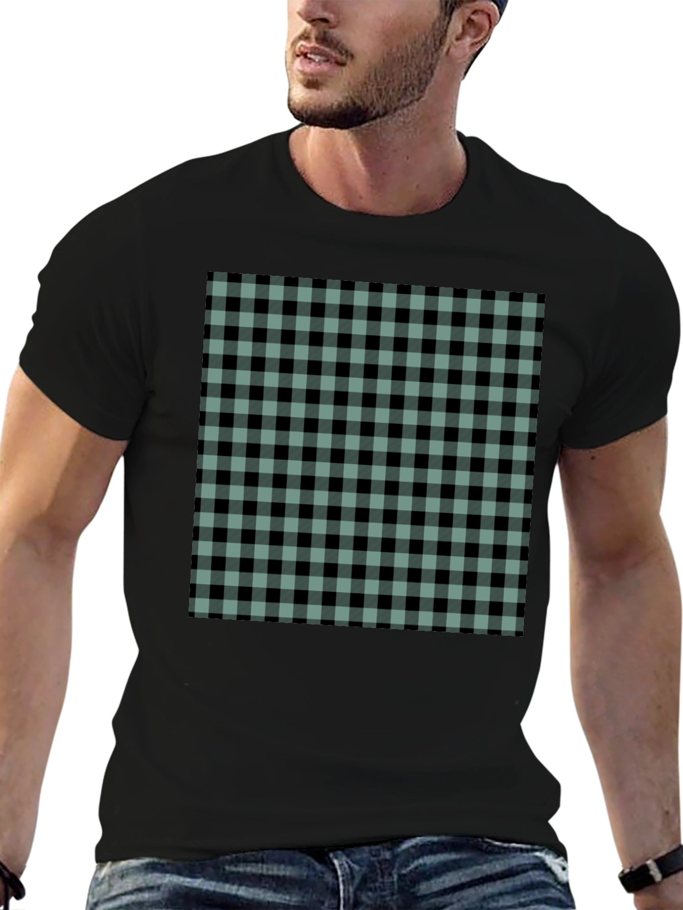Mens Black T-Shirt with Buffalo Plaid Design