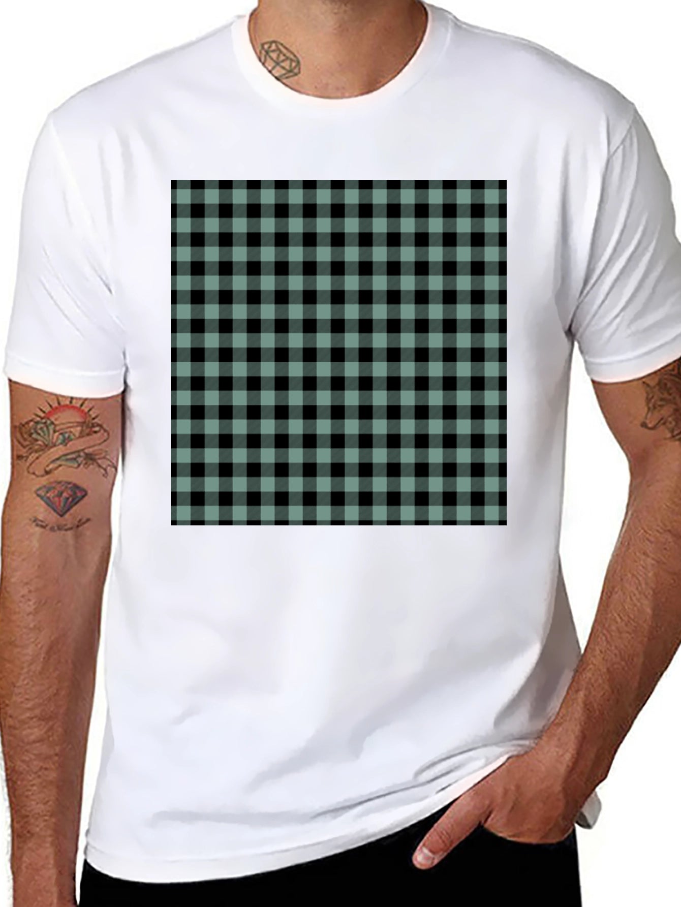 Mens Black T-Shirt with Buffalo Plaid Design