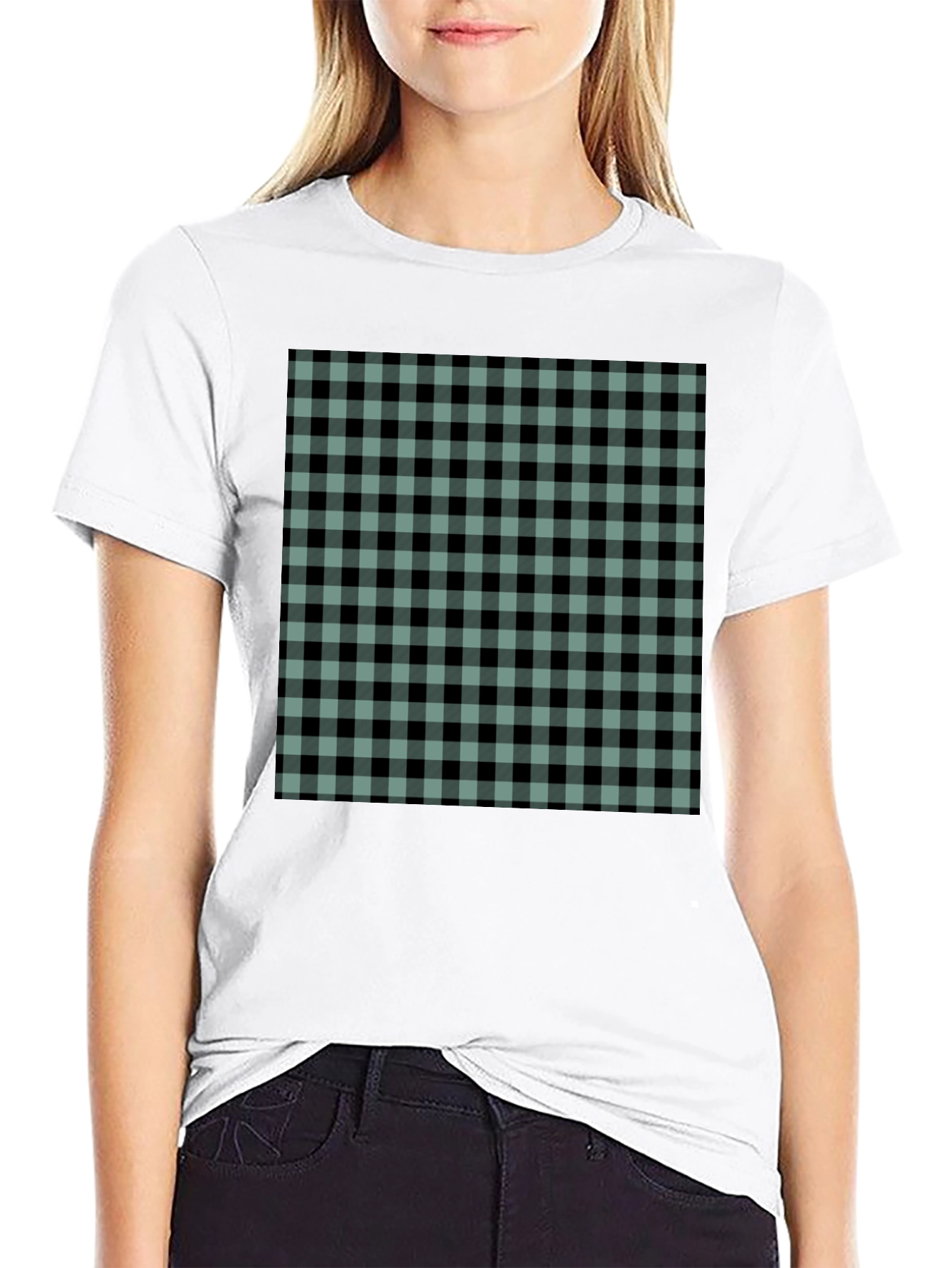 Mens Black T-Shirt with Buffalo Plaid Design