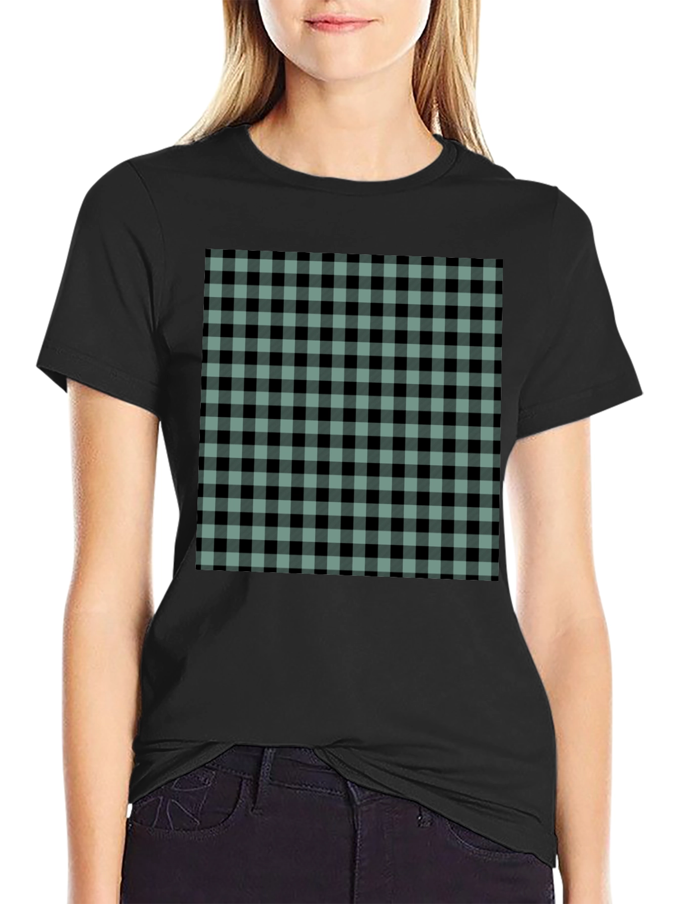 Mens Black T-Shirt with Buffalo Plaid Design