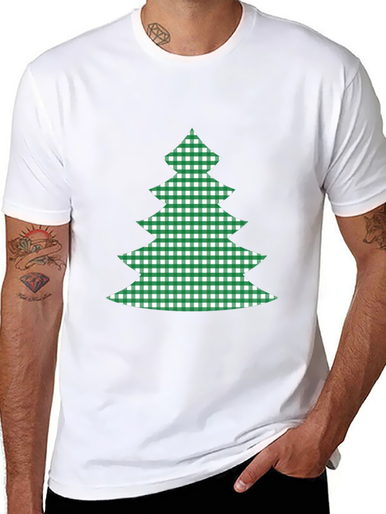 Festive Plaid Christmas Tree Graphic Tee - Black
